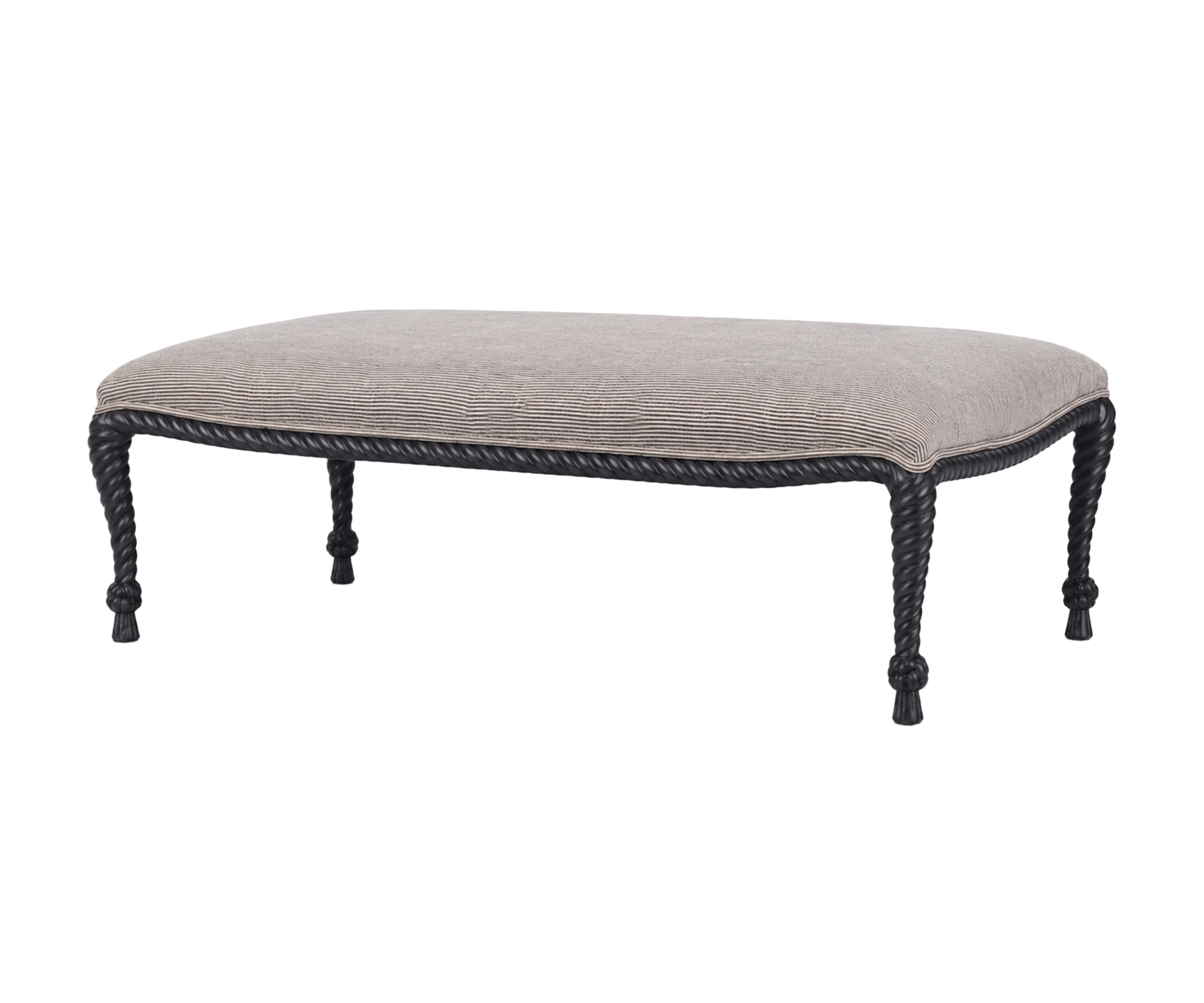 Striped Patterned Ottoman with Rope-Twist Carved Wooden Legs