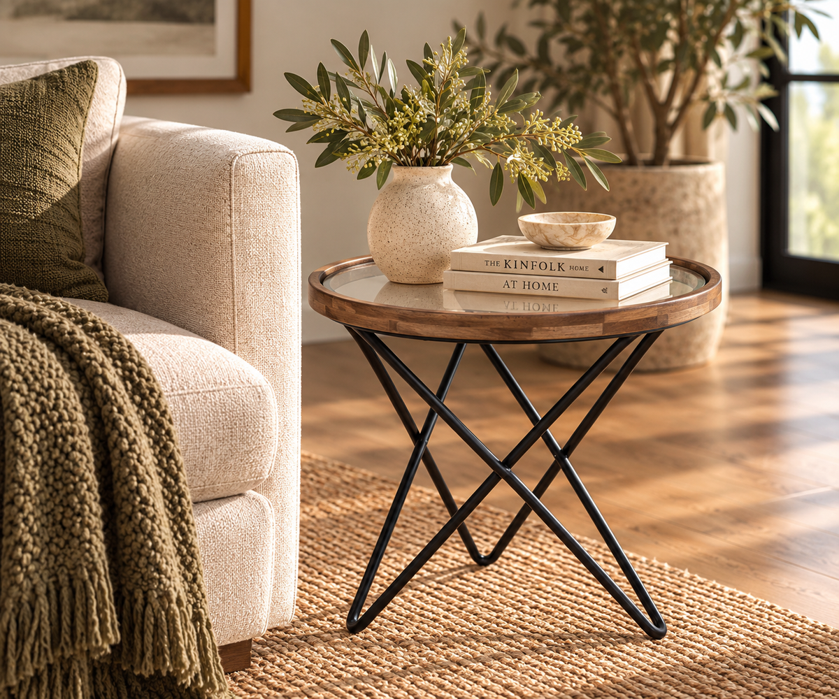 Round Teak Side Table with Crossed Metal Legs