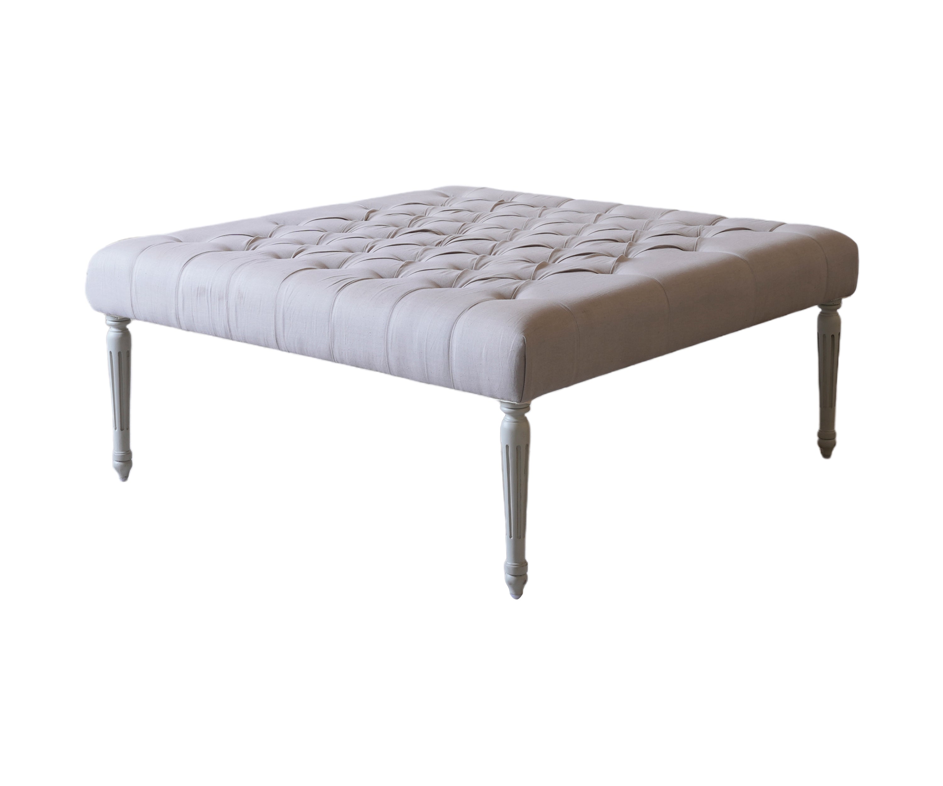 Grey Linen Tufted Ottoman with Fluted Wooden Legs