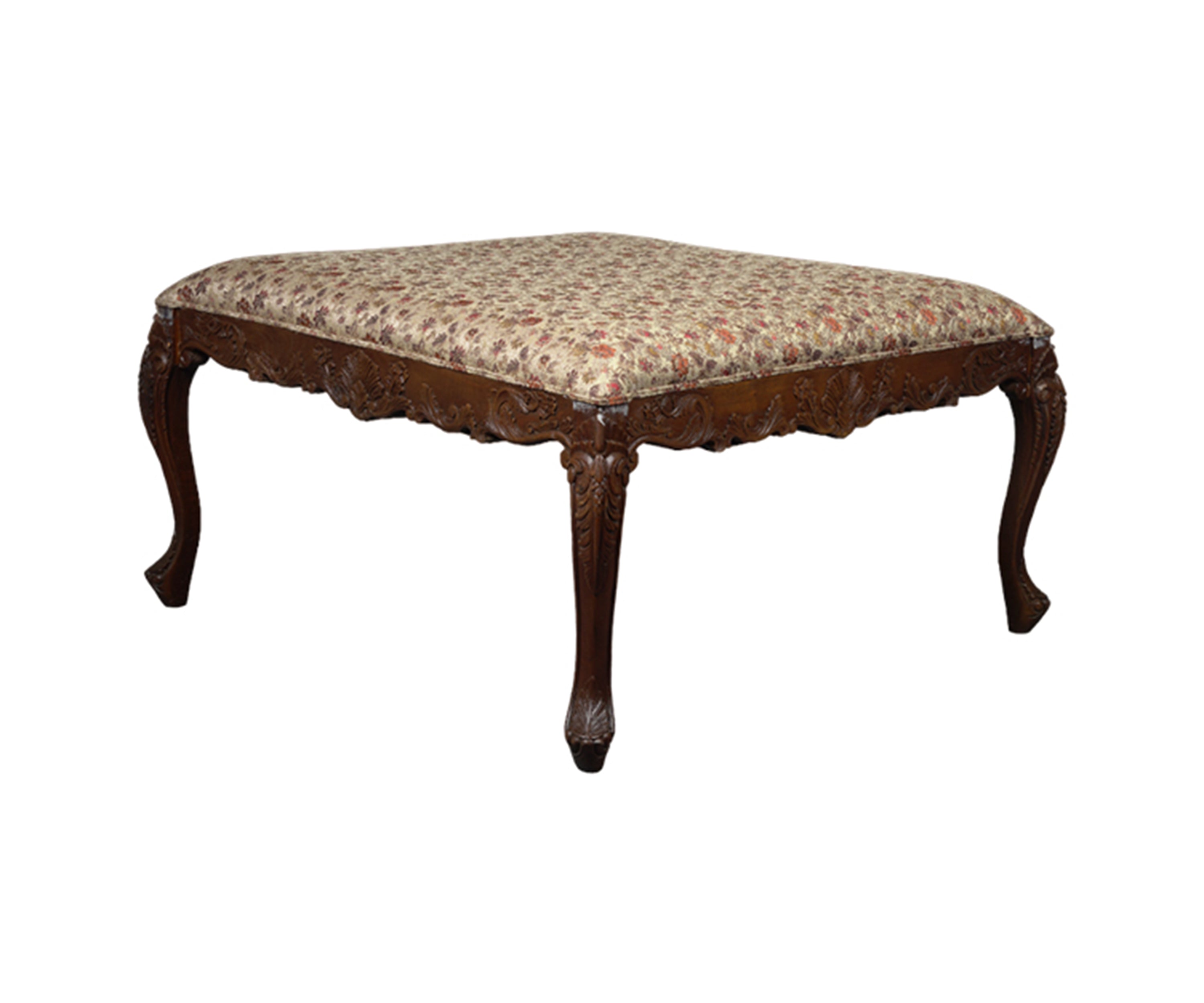 Floral Printed Ottoman with Carved Wooden Frame