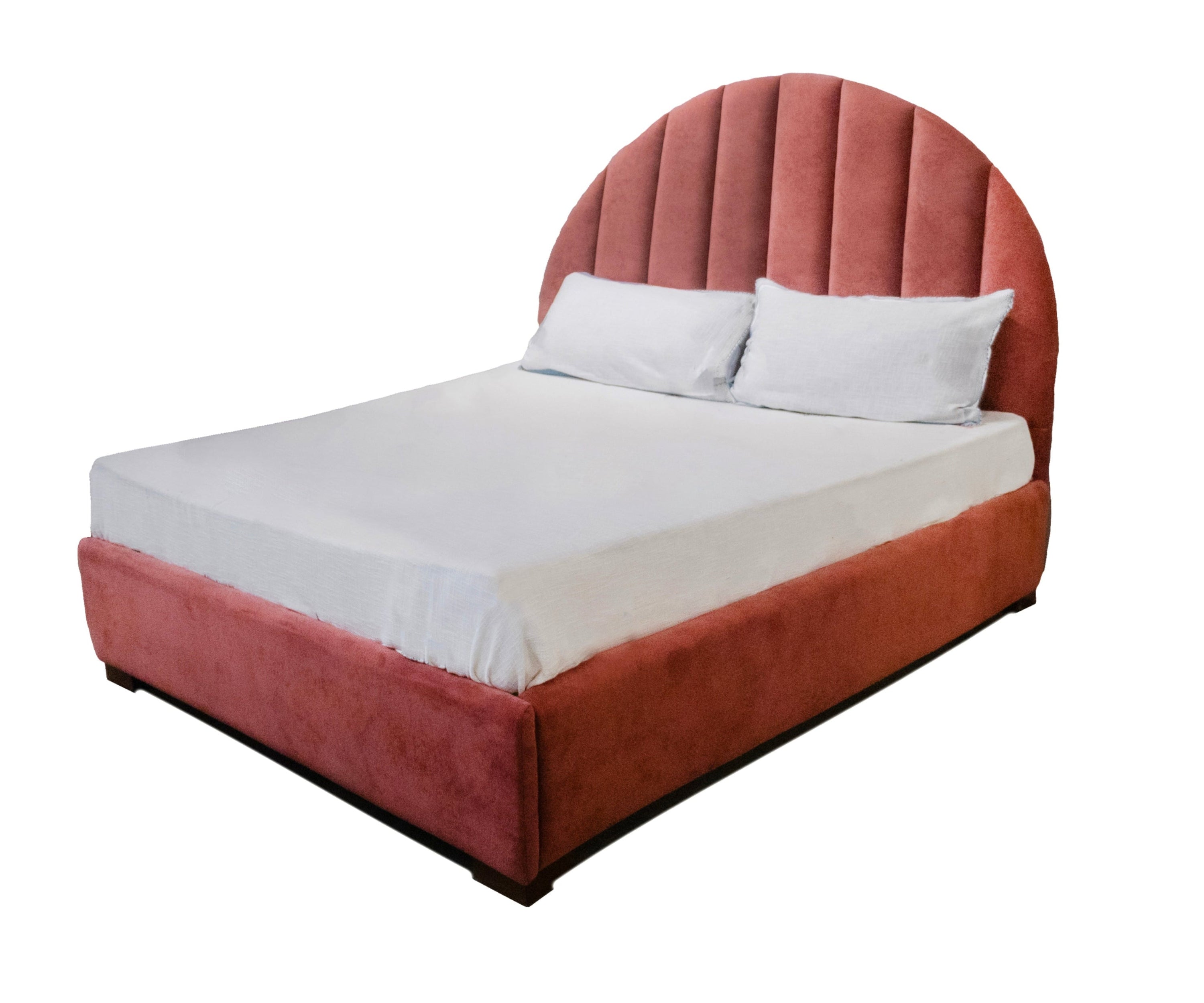 Blush Velvet Scallop Headboard Upholstered Queen Size Bed