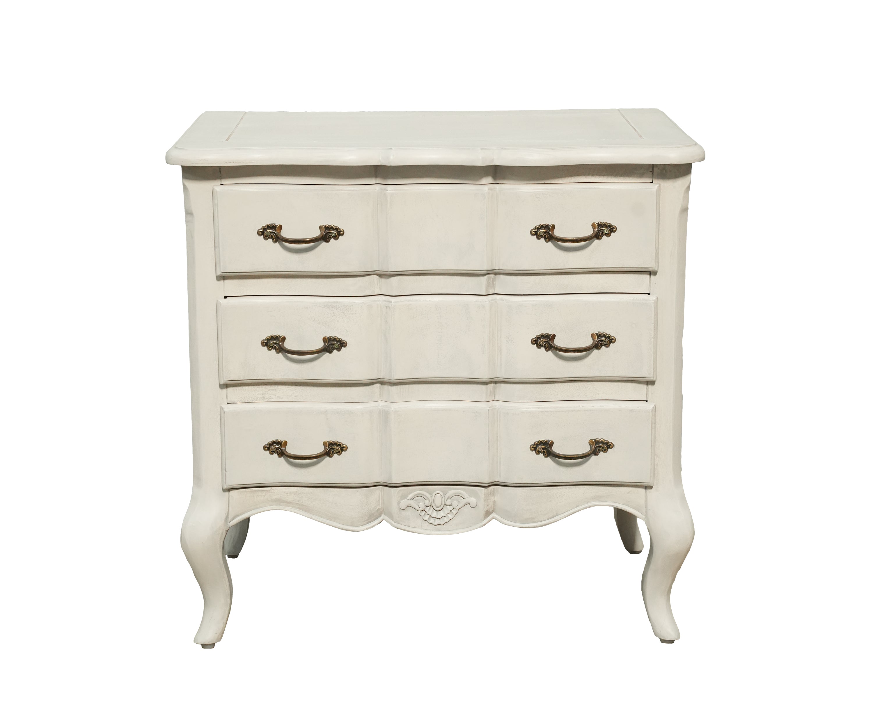 White Carved Three-Drawer Chest with Antique Brass Hardware