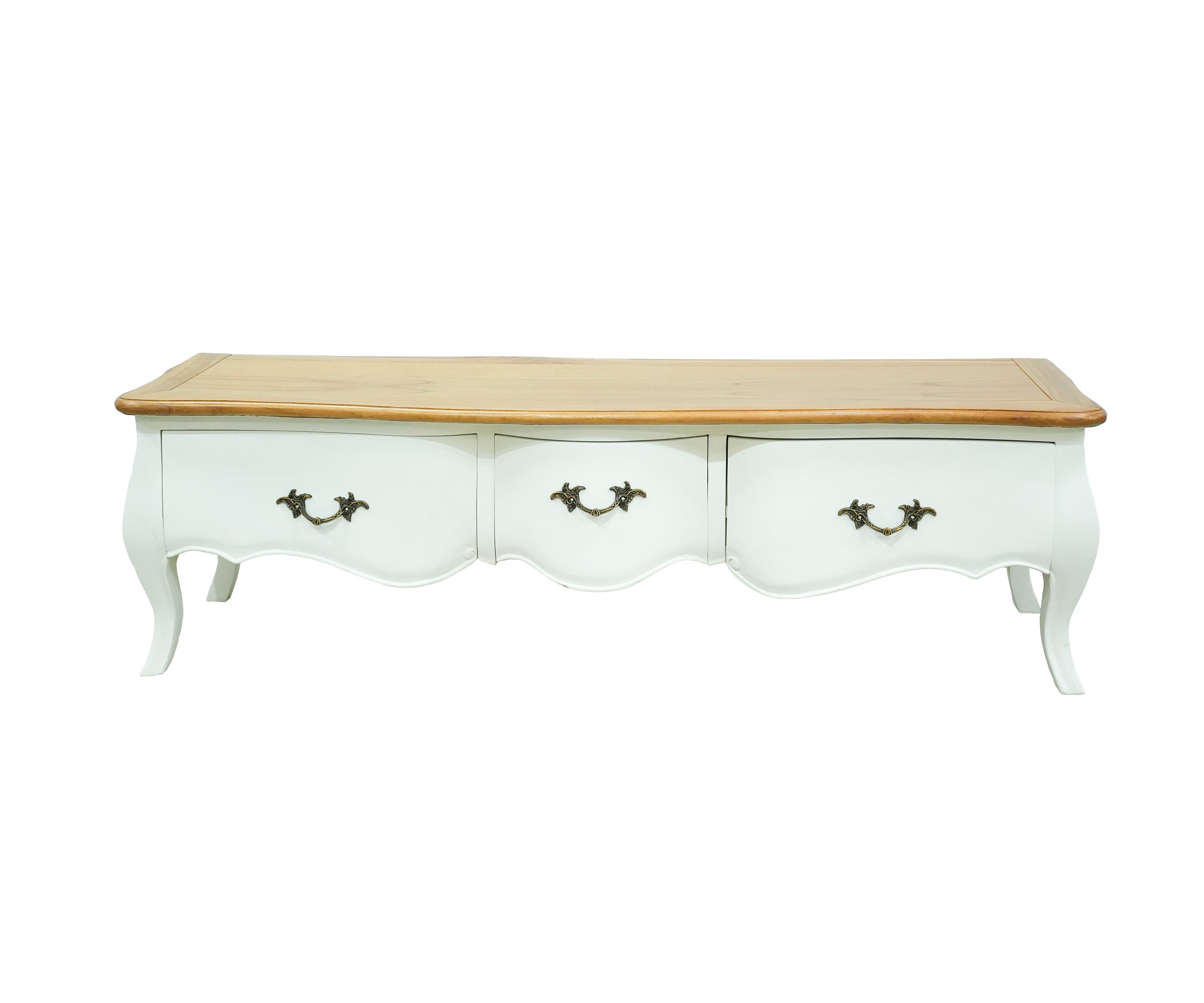 French Classic Whitewashed TV Unit with Wooden Top