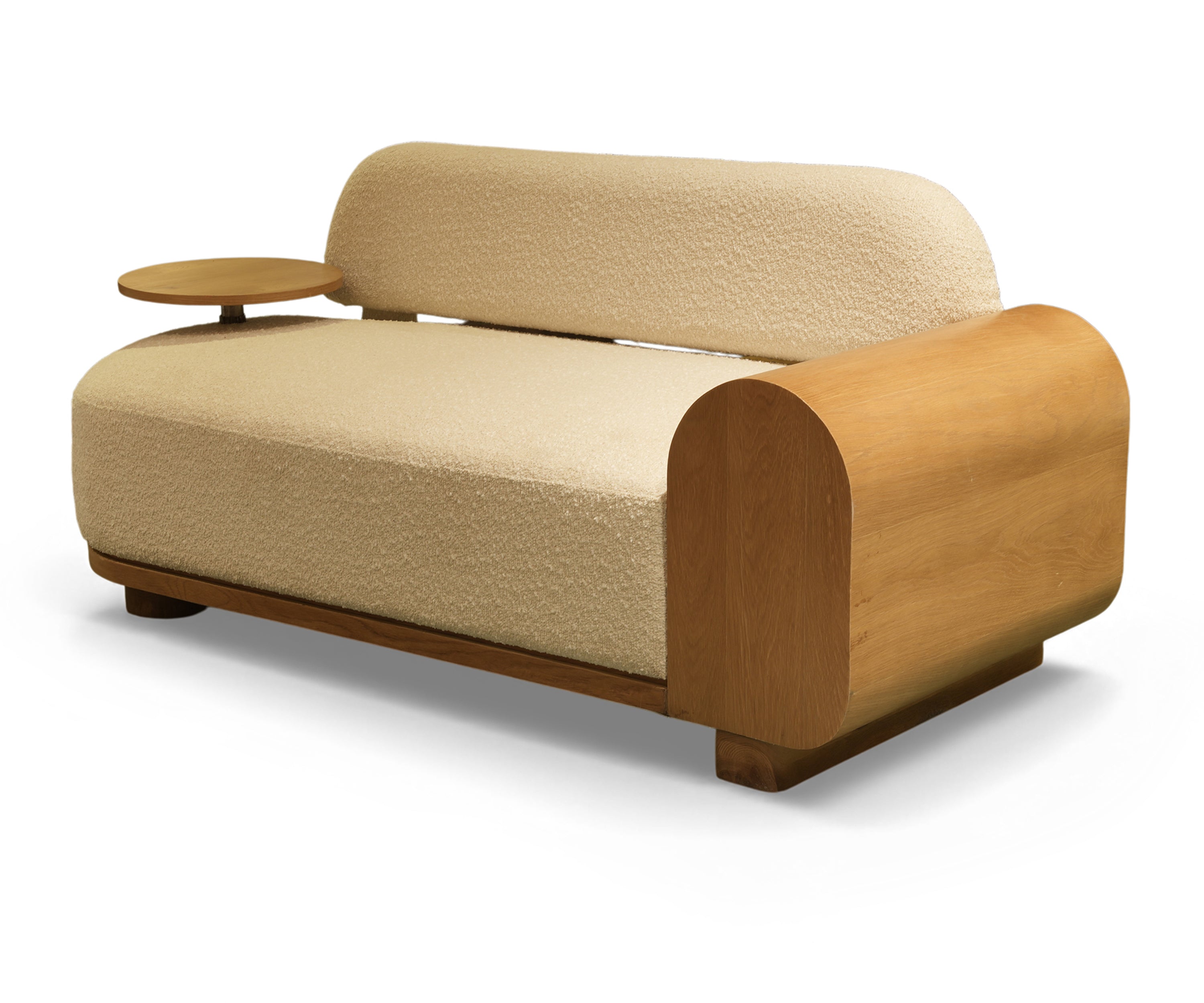 Oak Panel Bouclé Sofa with Side Table