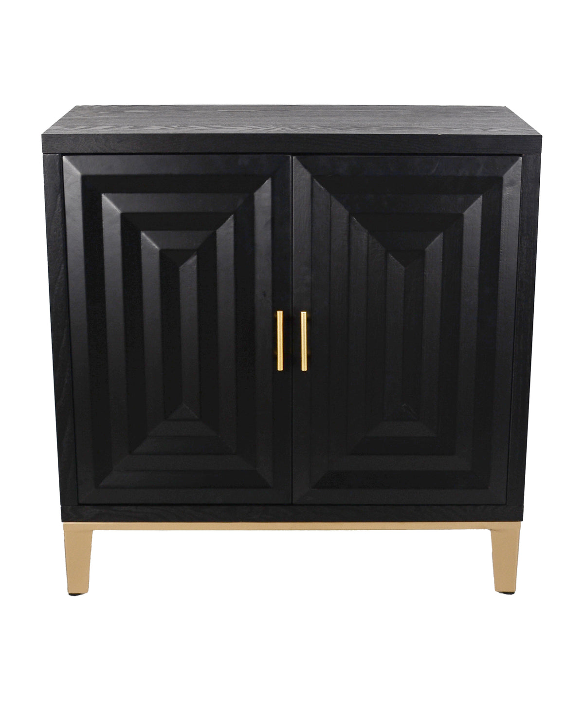 Matte Black Stepped-Panel 2-Door Cabinet with Gold Base