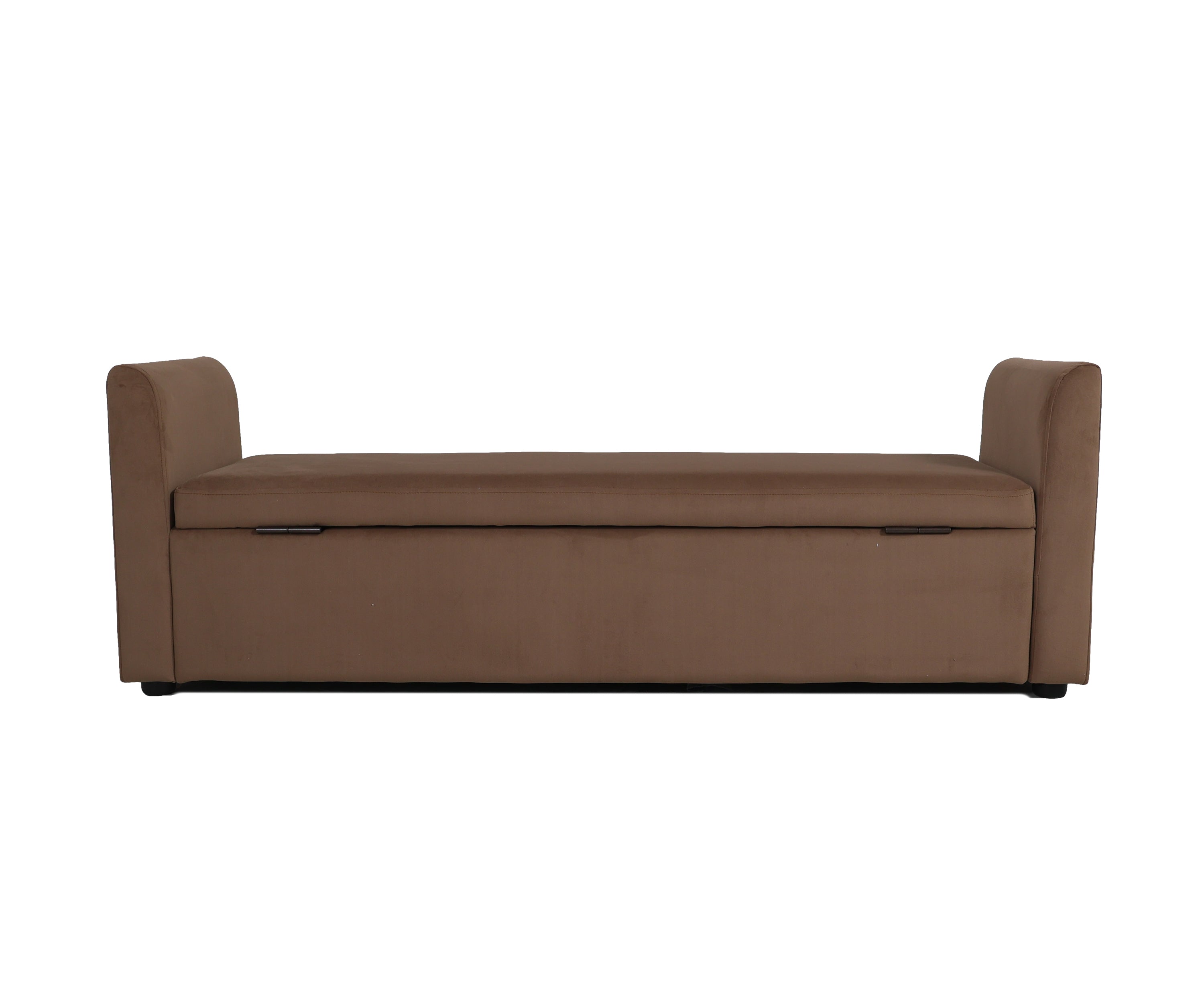 Mocha Beige Velvet Bench with Scroll Arms & Lift-Up Seat