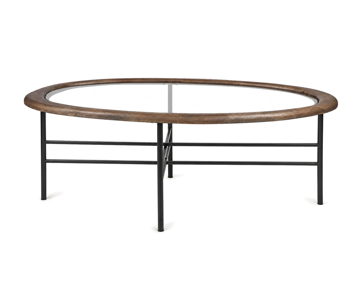 Low Oval Glass Coffee Table with Matte Black Metal Frame