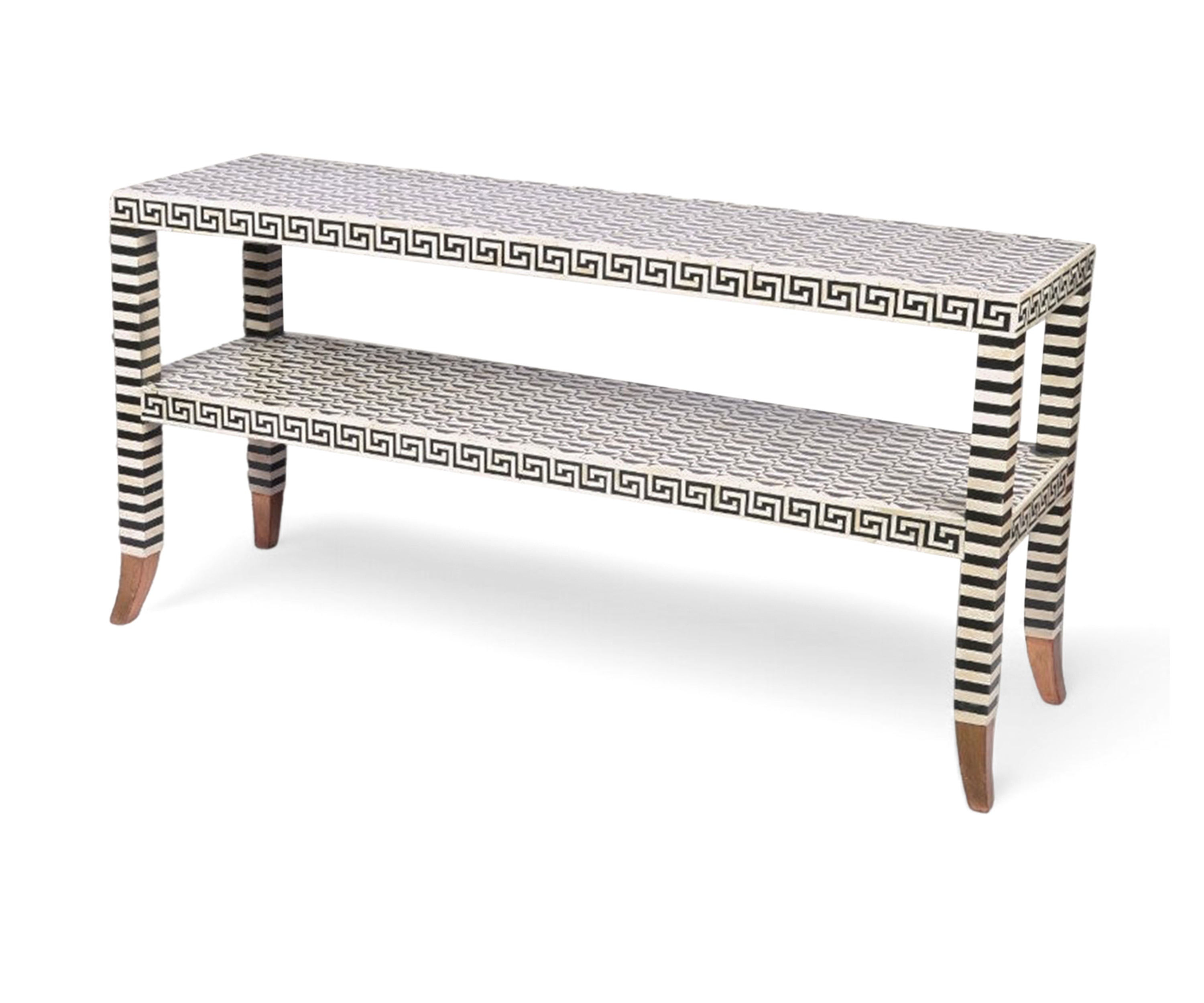 Black and White Bone Inlay Console Table with Greek Key Border