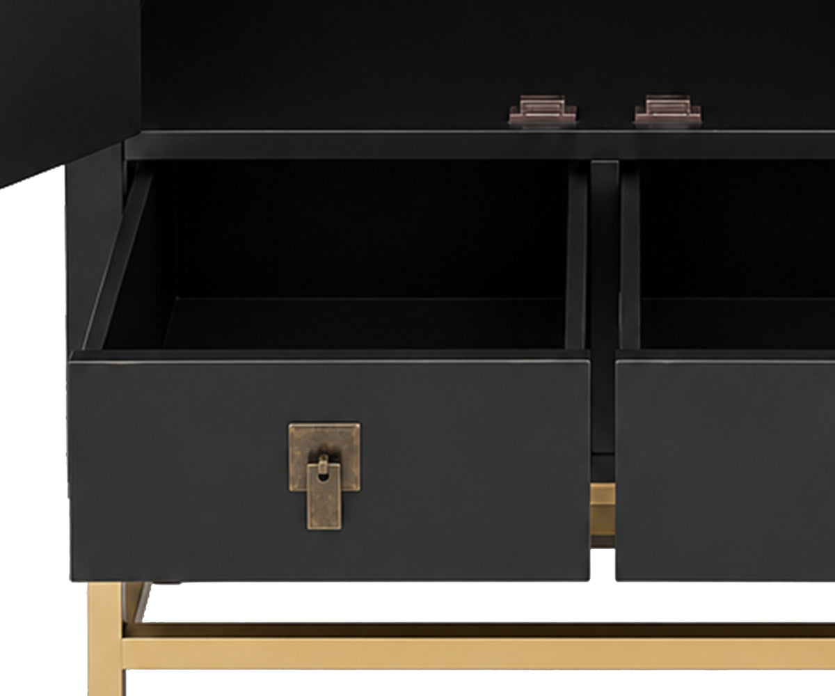 Hand-Painted Botanical Motif Teak Tall Cabinet in Black