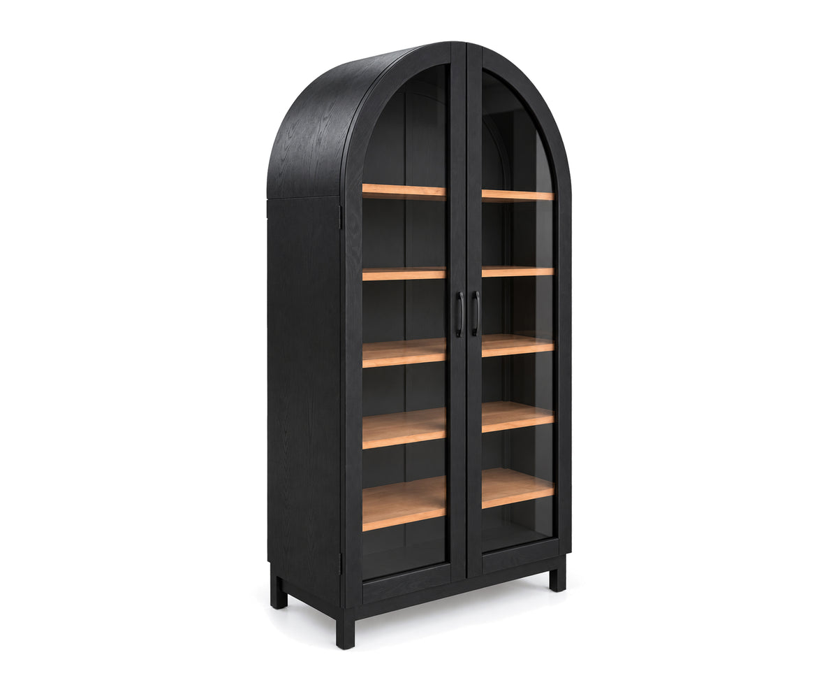 Arched Black 5-Shelf Display Cabinet with Glass Doors