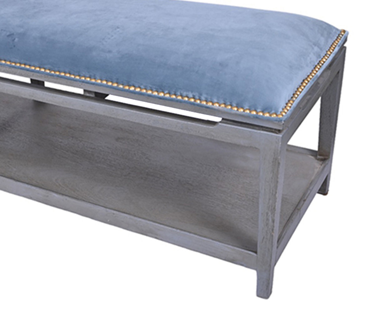 Grey Velvet Bench with Blue Upholstered Seat & Brass Nailhead Trim