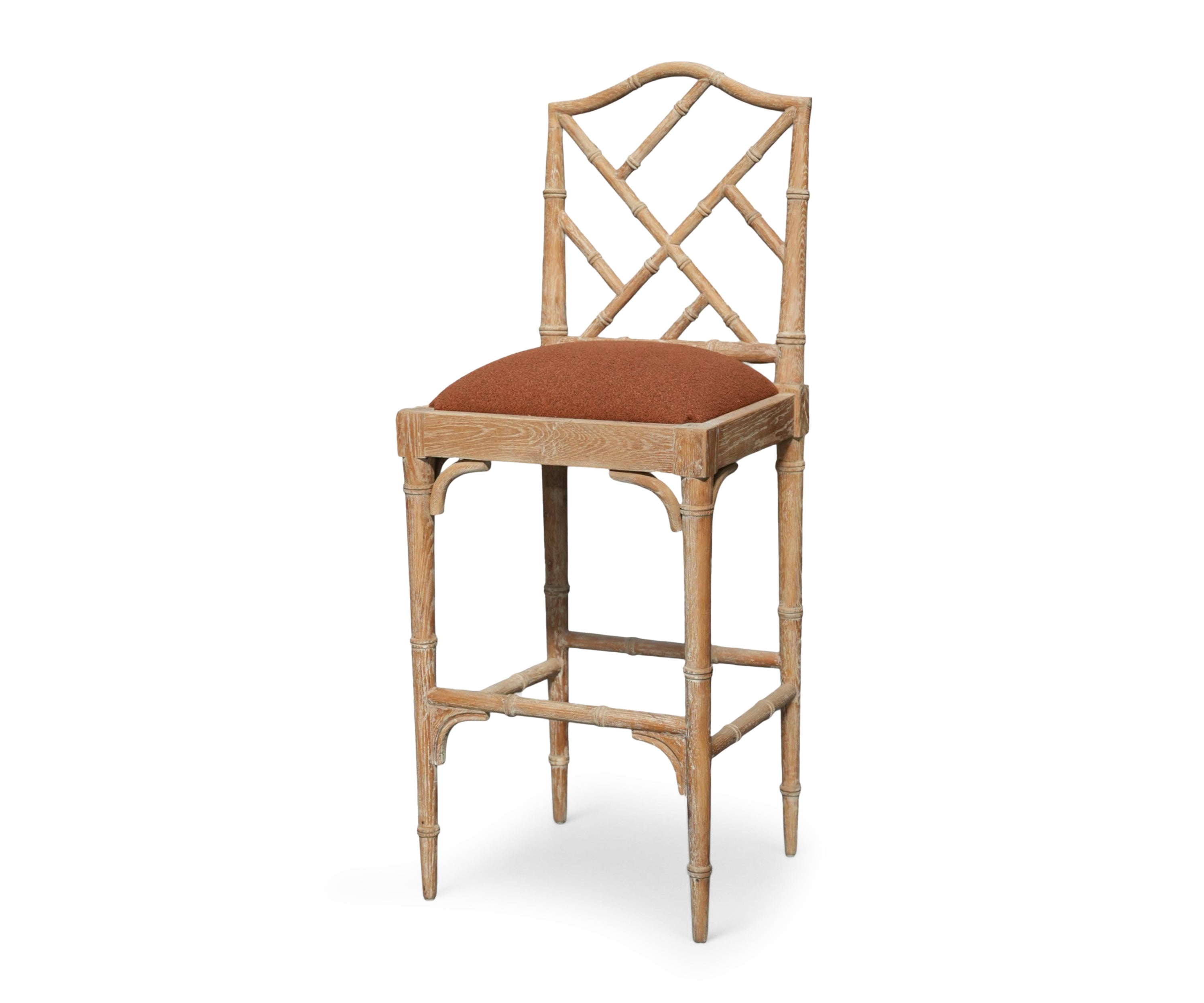 Bamboo Style Wooden Bar Chair with Bouclé Seat - Orange