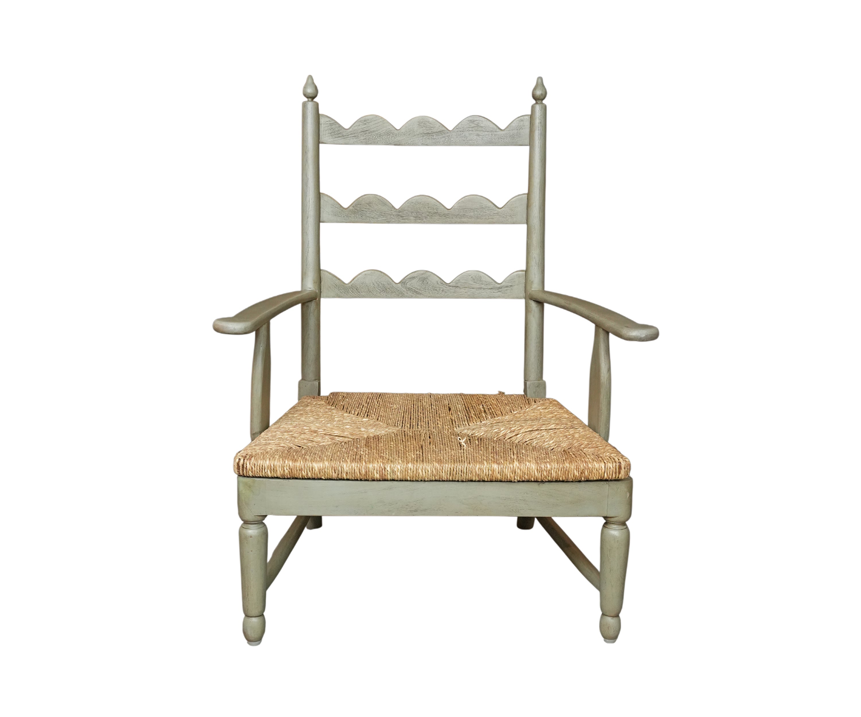 Sage Green Scalloped Armchair with Natural Fiber Seat