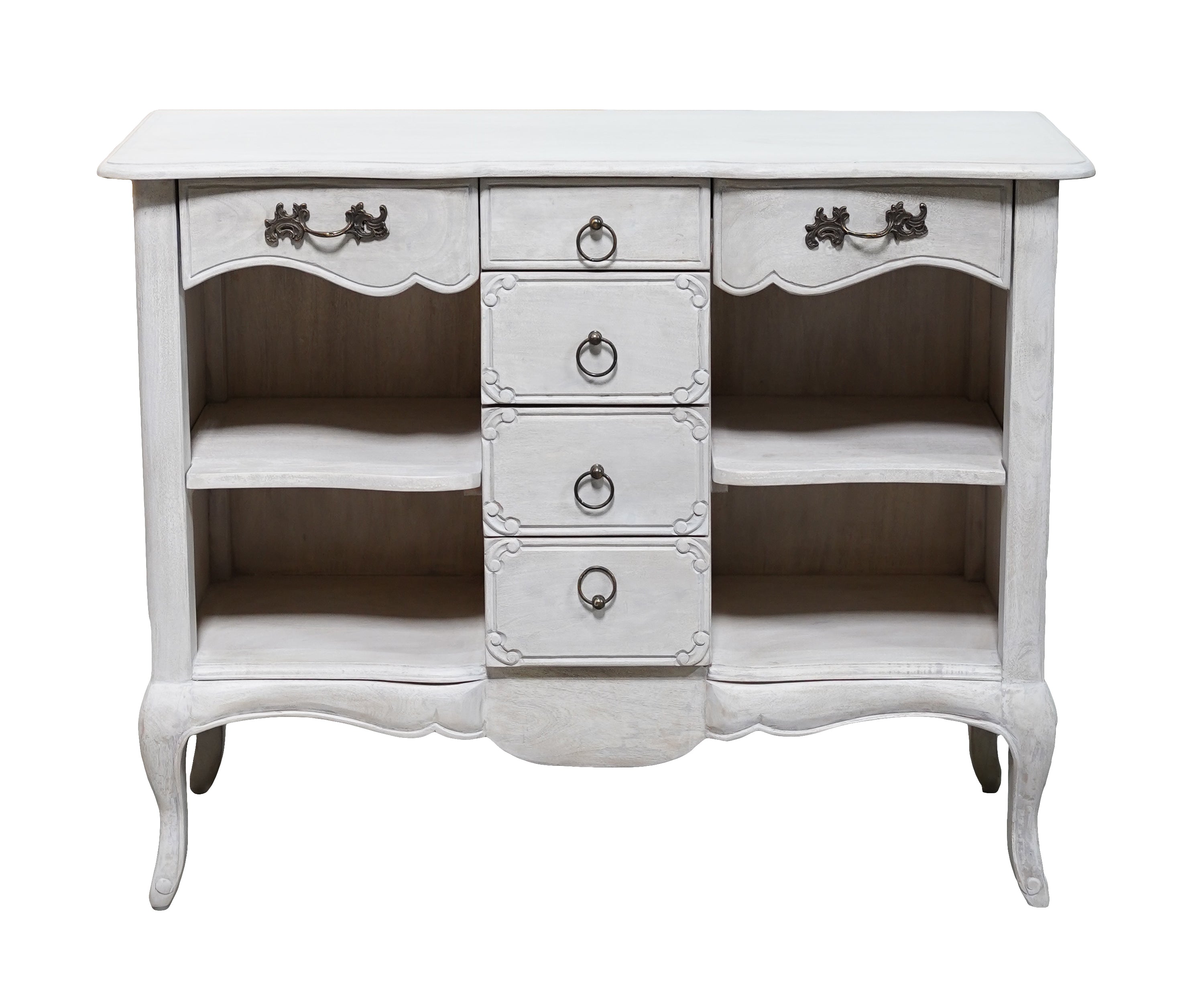 French Style Distressed White Chest of Drawers with Open Shelves