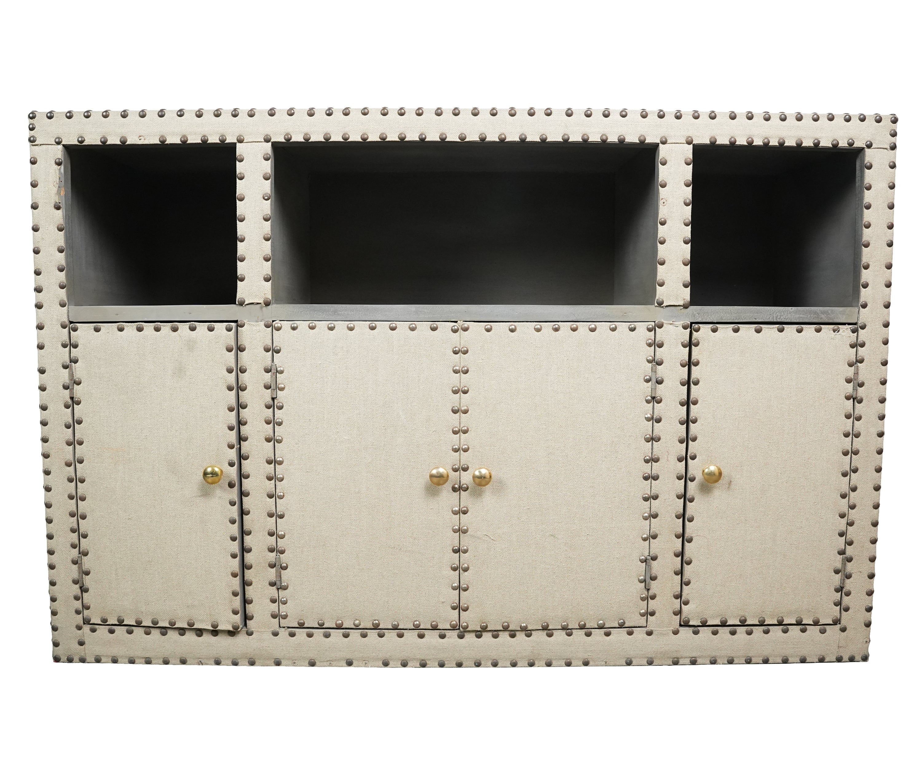 Wooden Cabinet with Shelves and Brass Nail Detailing
