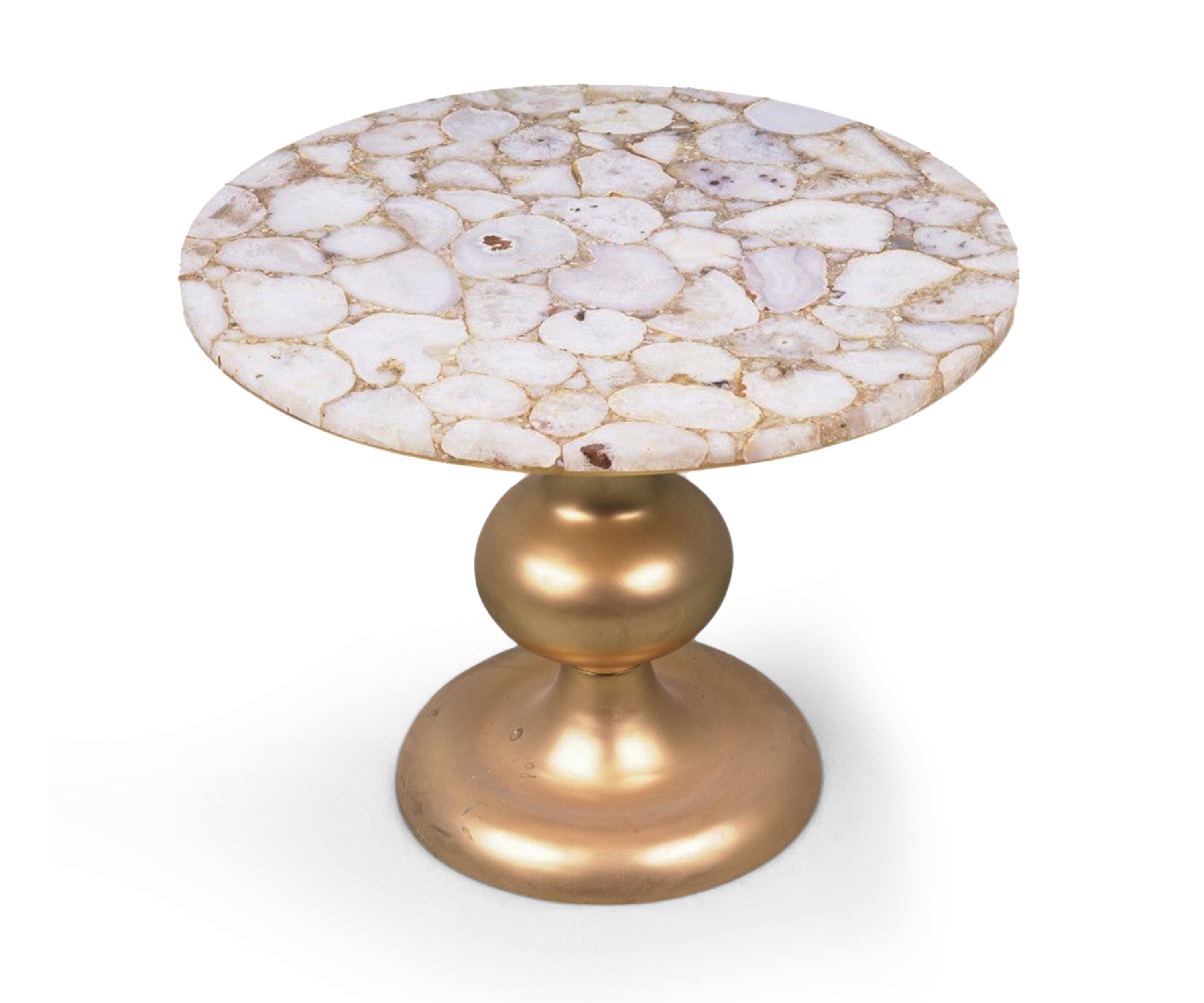 Round Agate Inlay Side Table with Gold Pedestal Base