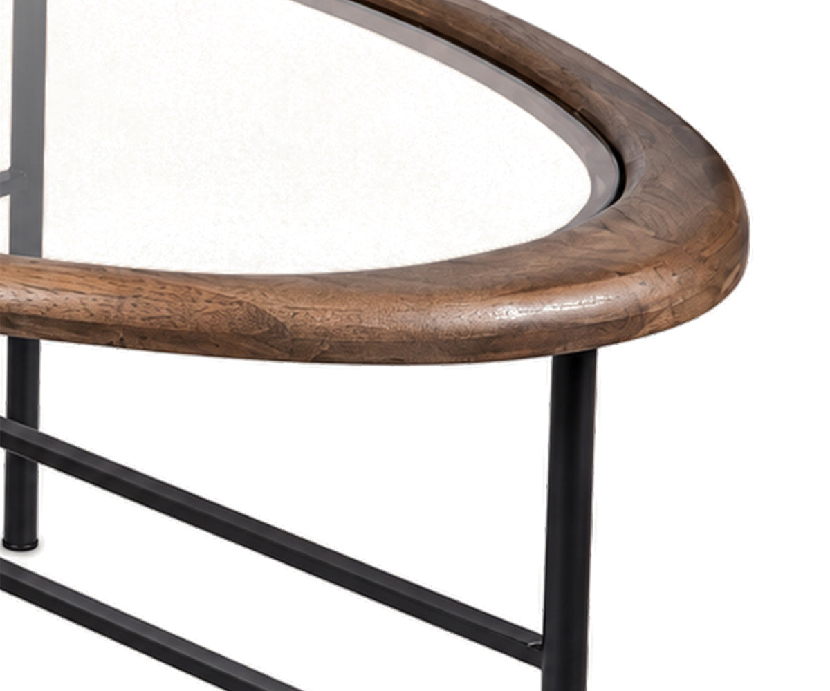 Low Oval Glass Coffee Table with Matte Black Metal Frame