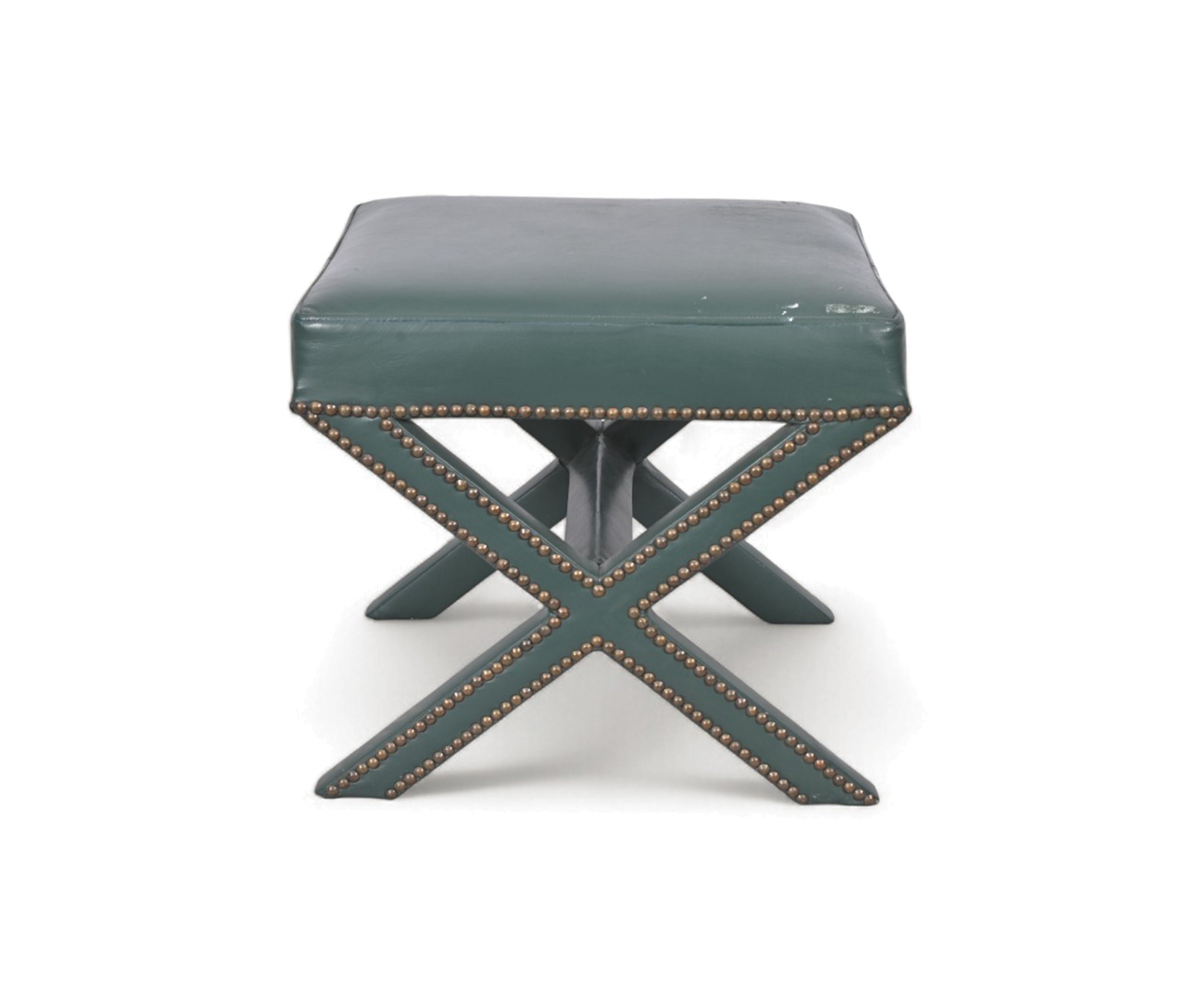Green Upholstered X-Base Stool with Nailhead Trim