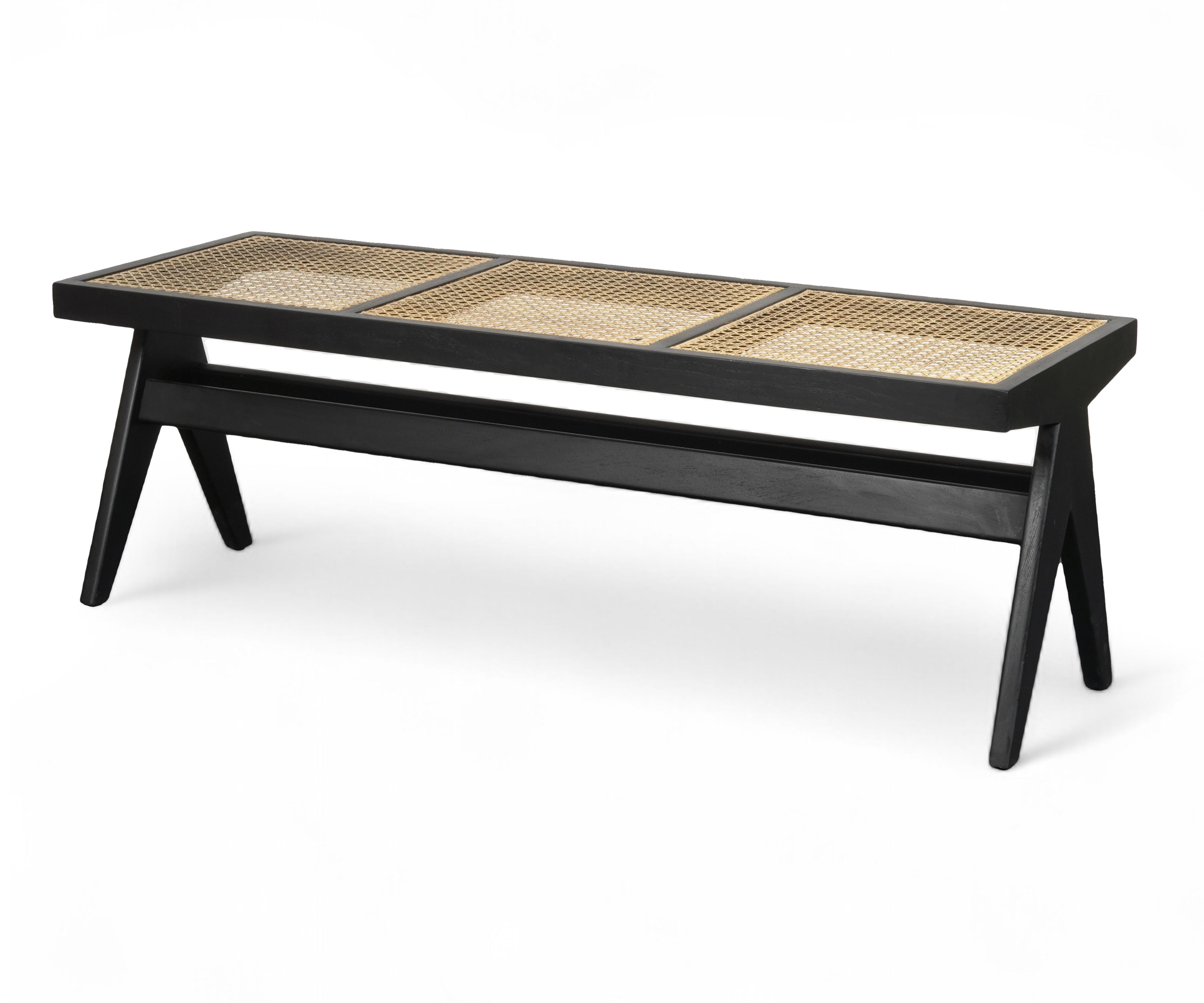 Black Cane Bench with Wooden Frame