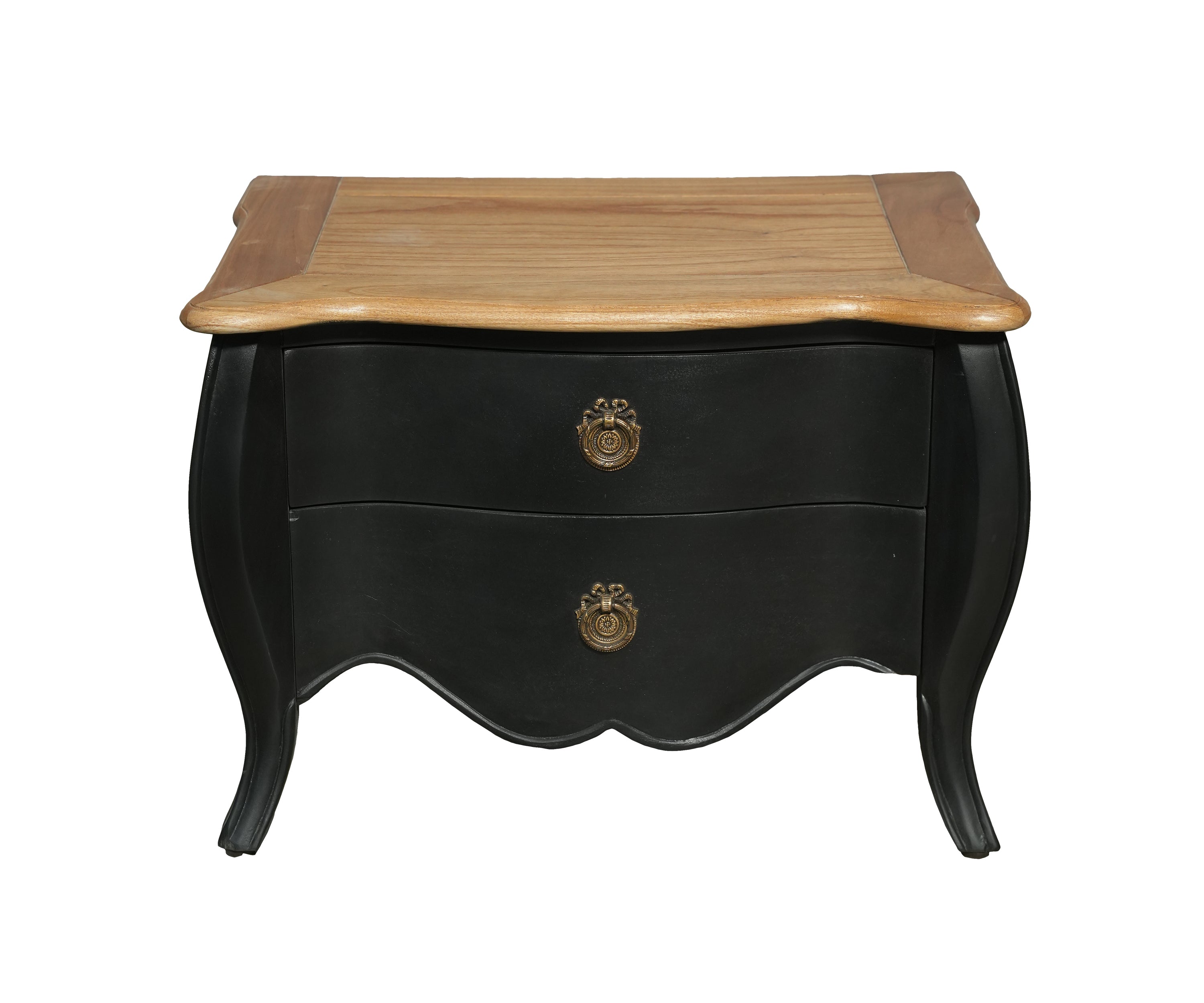 Black Bombe Bedside Table with Natural Teak Top