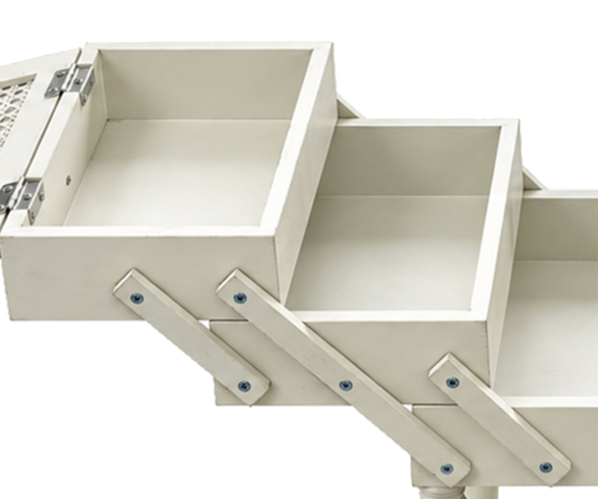 White Folding Accordion Bedside Table with Expandable Storage & Rattan Shelf