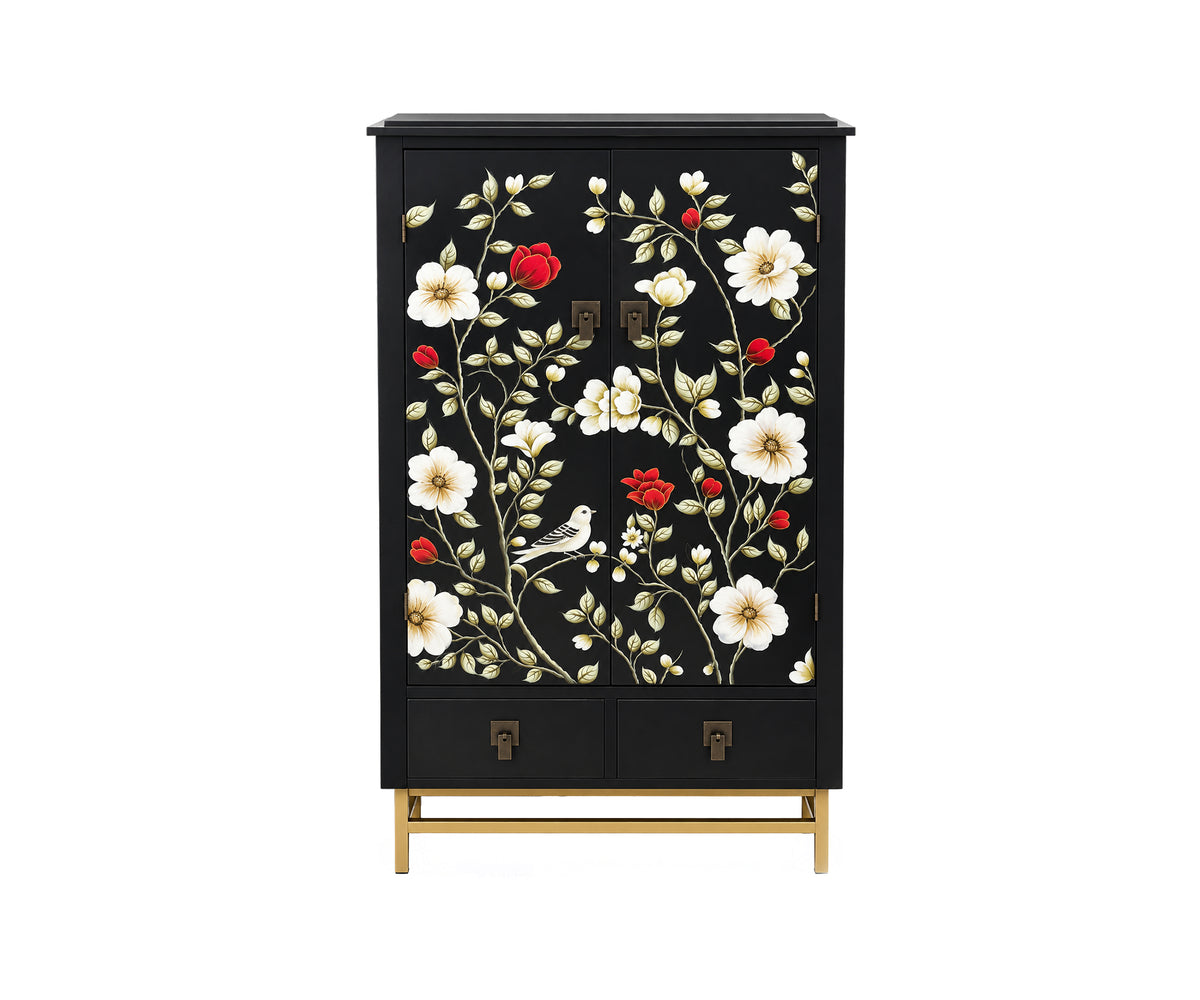 Hand-Painted Botanical Motif Teak Tall Cabinet in Black