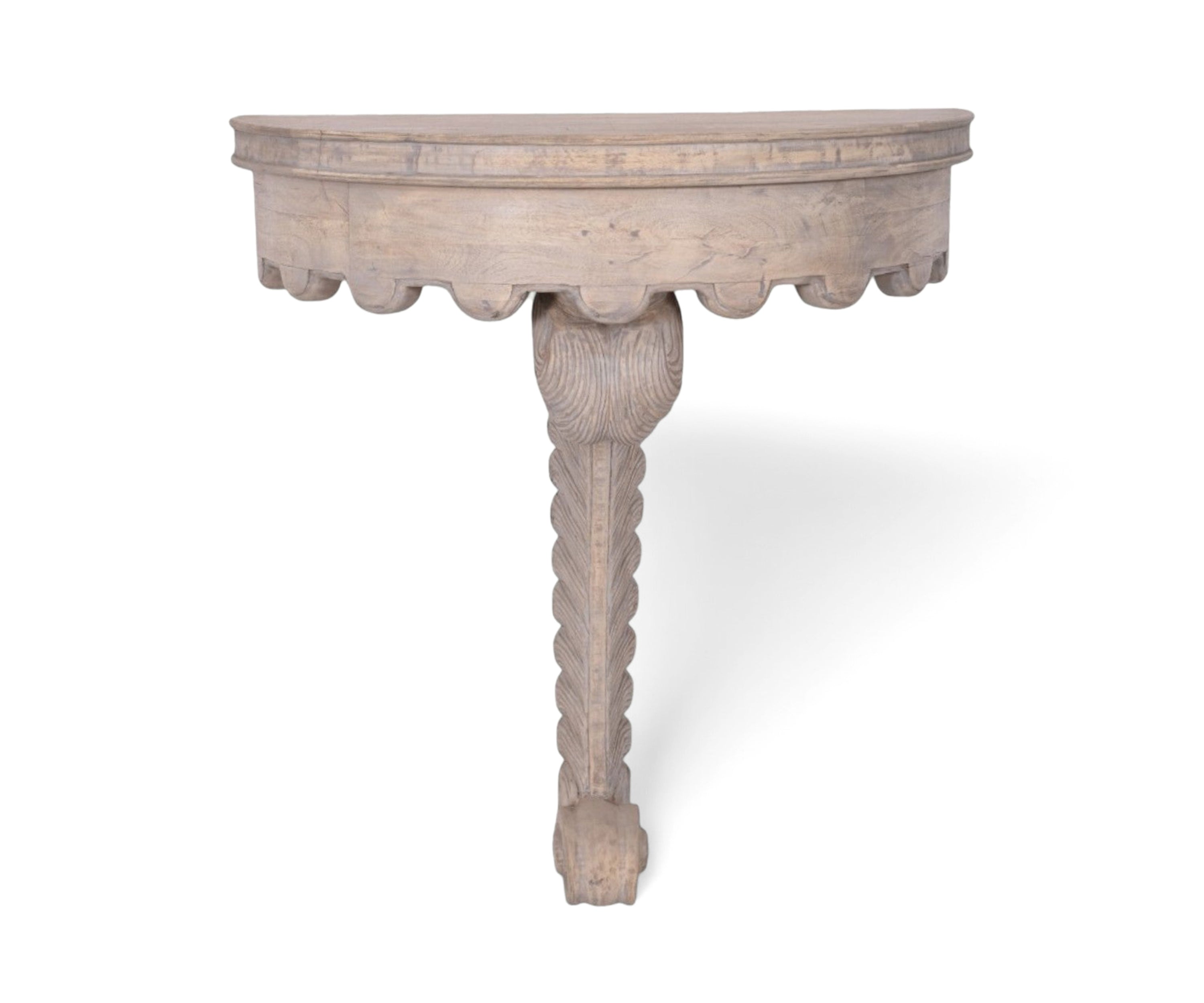 Distressed White Solid Wood Wall Console Table with Carved Pedestal Base