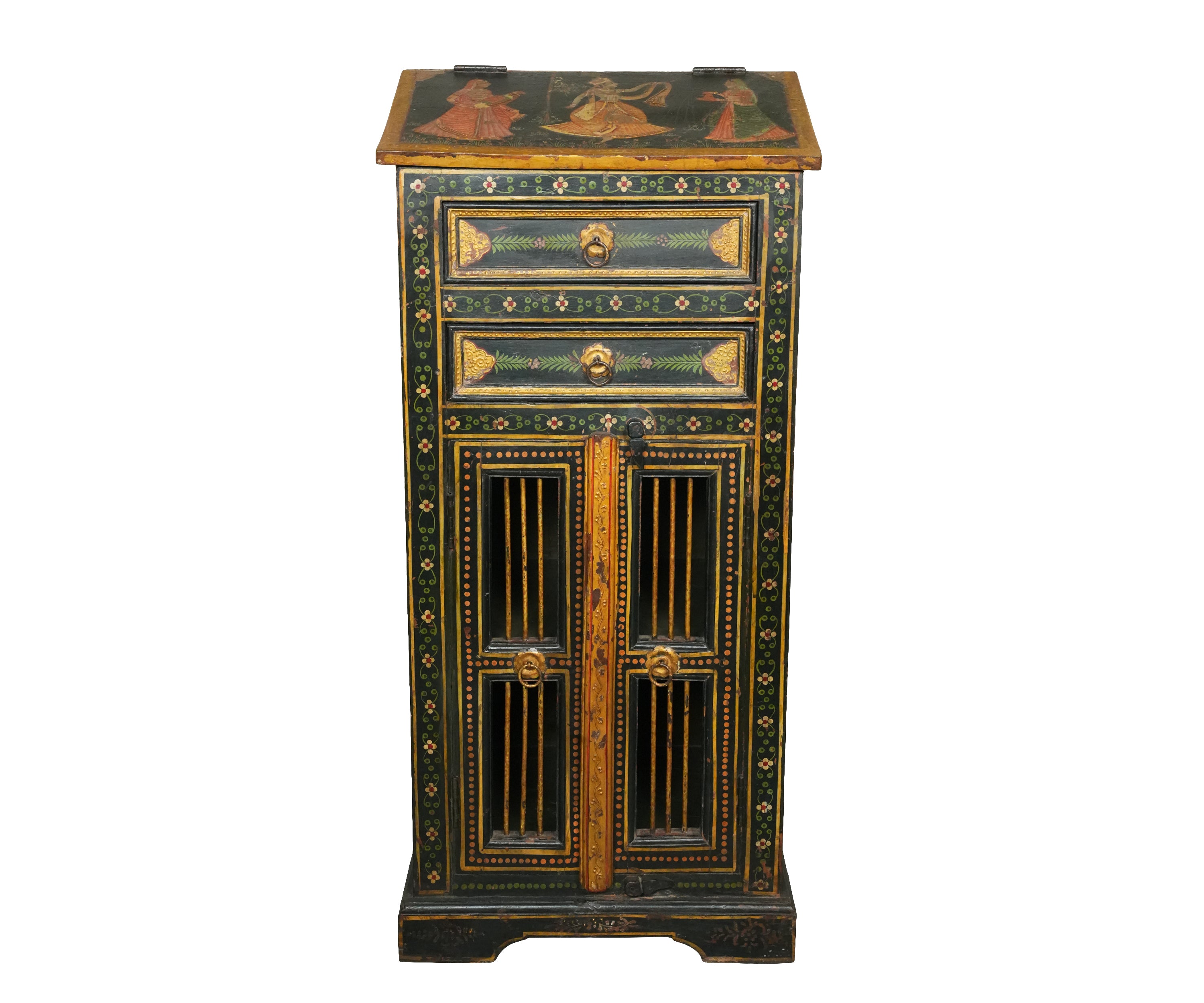 Hand-Painted Wooden Cabinet with Drawers and Double Doors