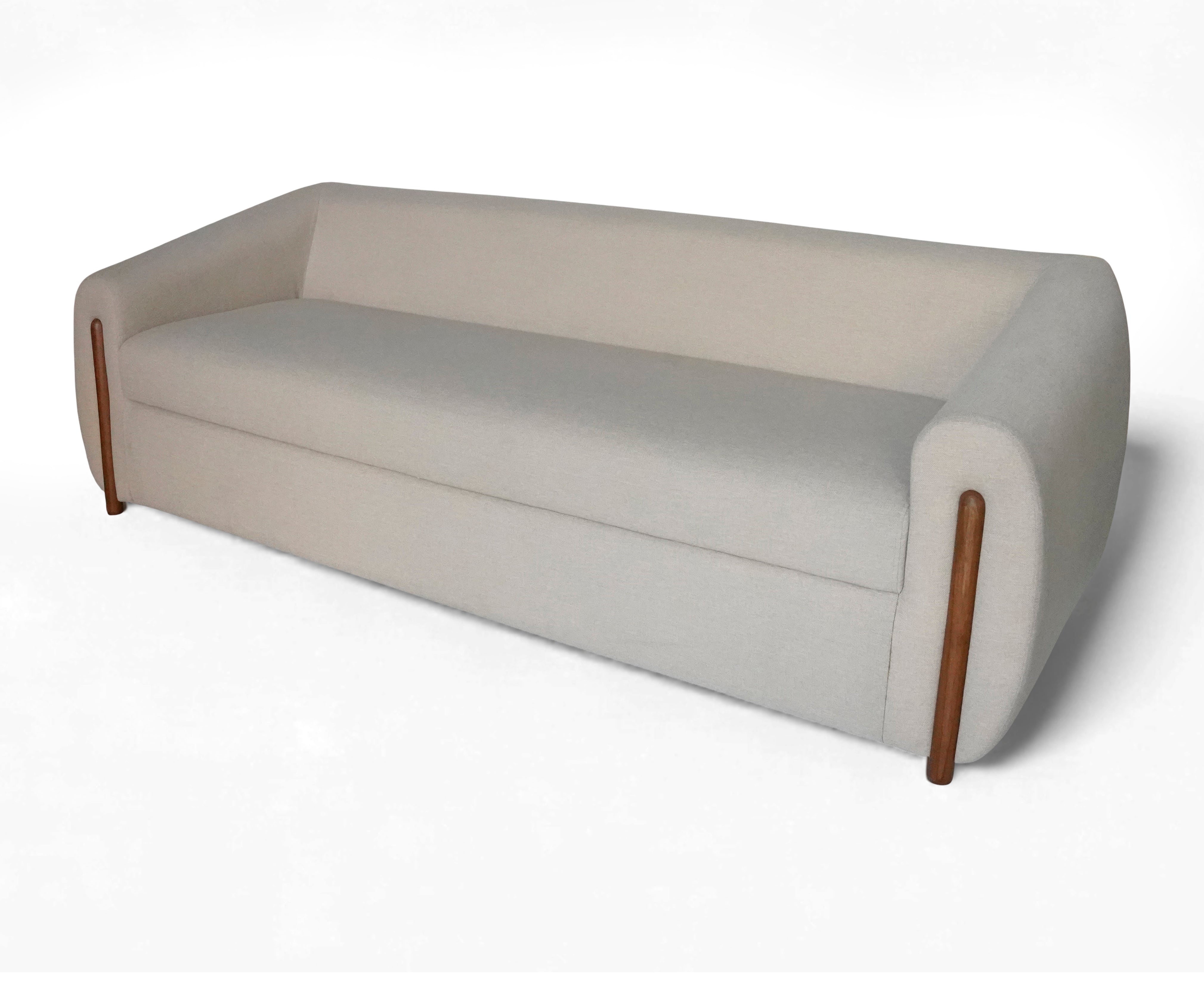 Sloped Arm Linen 3 seater Sofa with Wood Detail