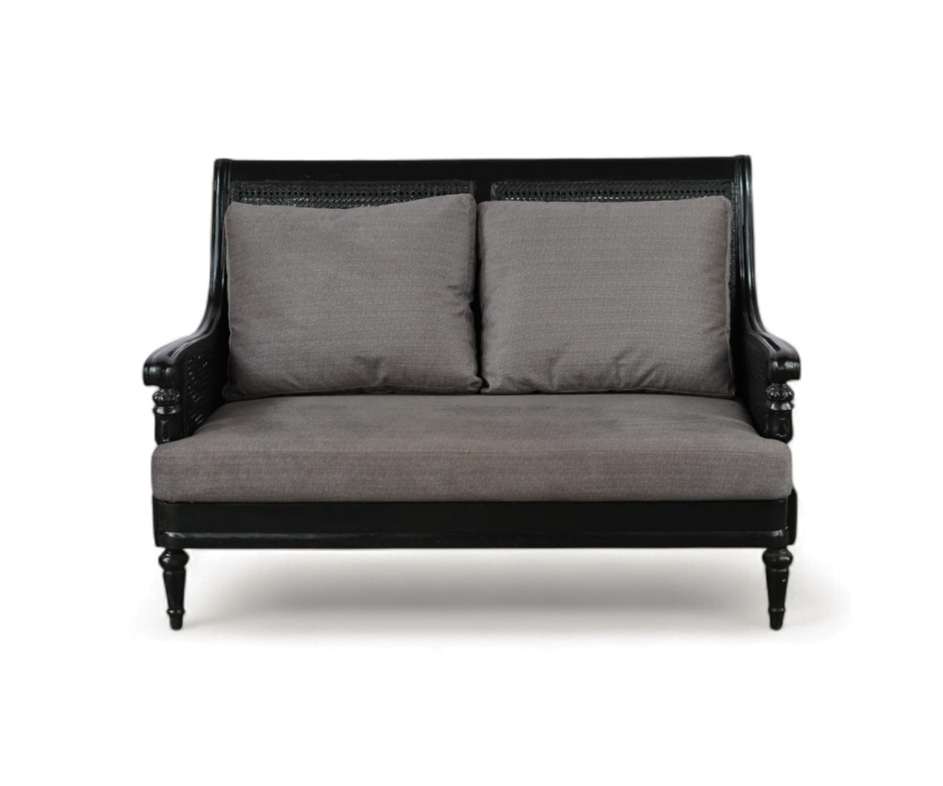 Acacia Wood 2-Seater Sofa with Woven Cane Panels & Charcoal Cushions