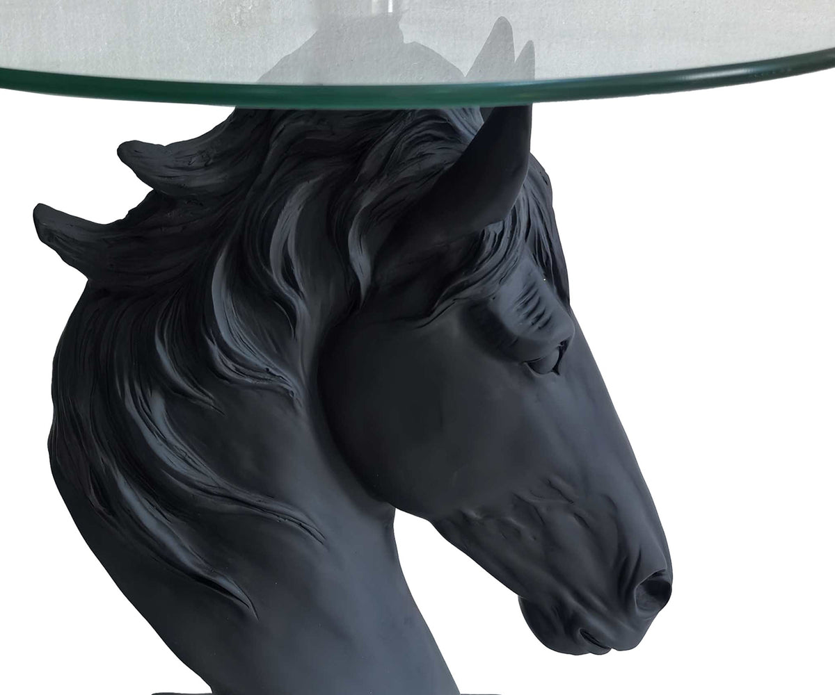 Noir Horse Bust Round Glass-Top Sculptural Side Table