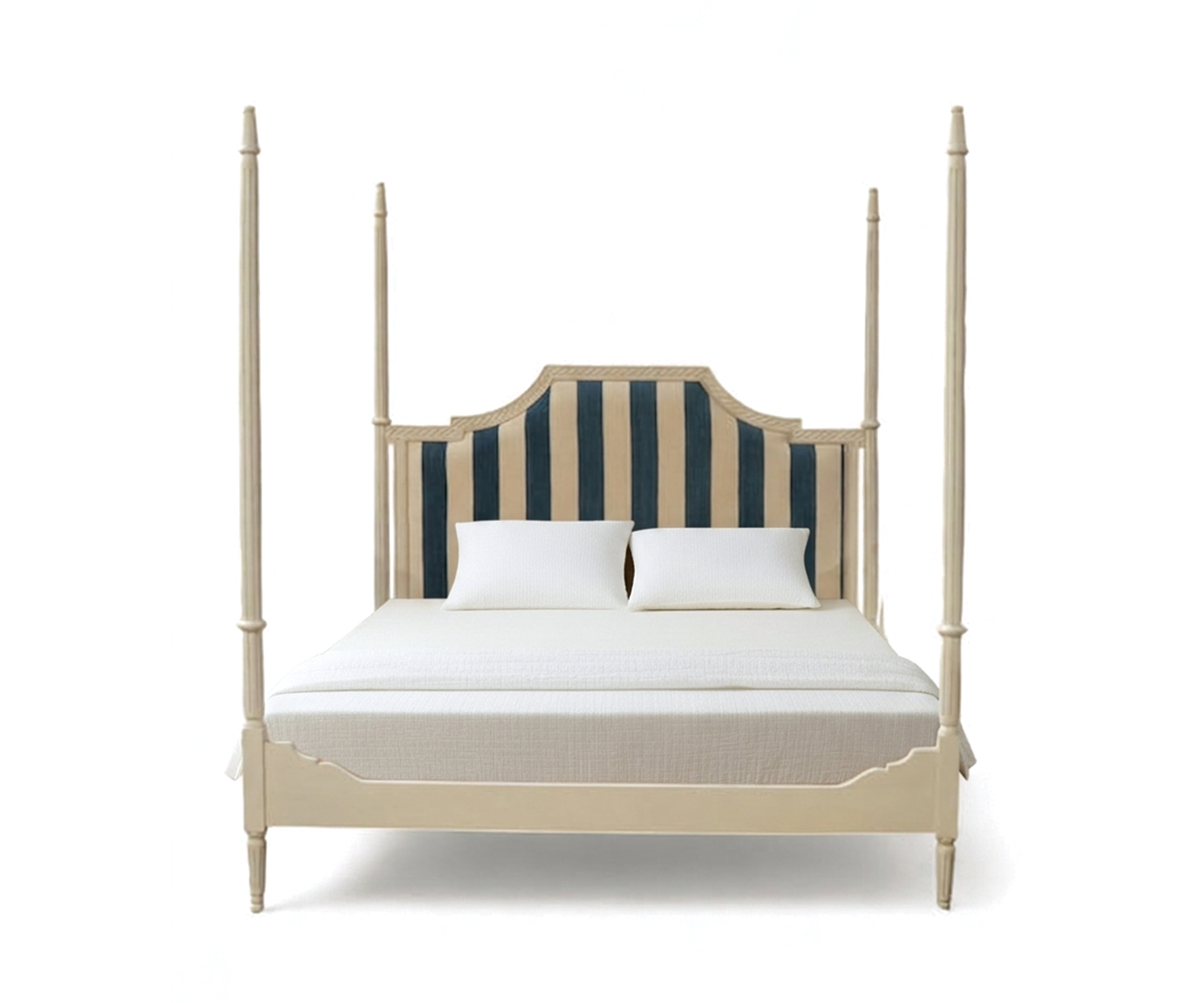 Four Poster Bed with Striped Upholstered Headboard