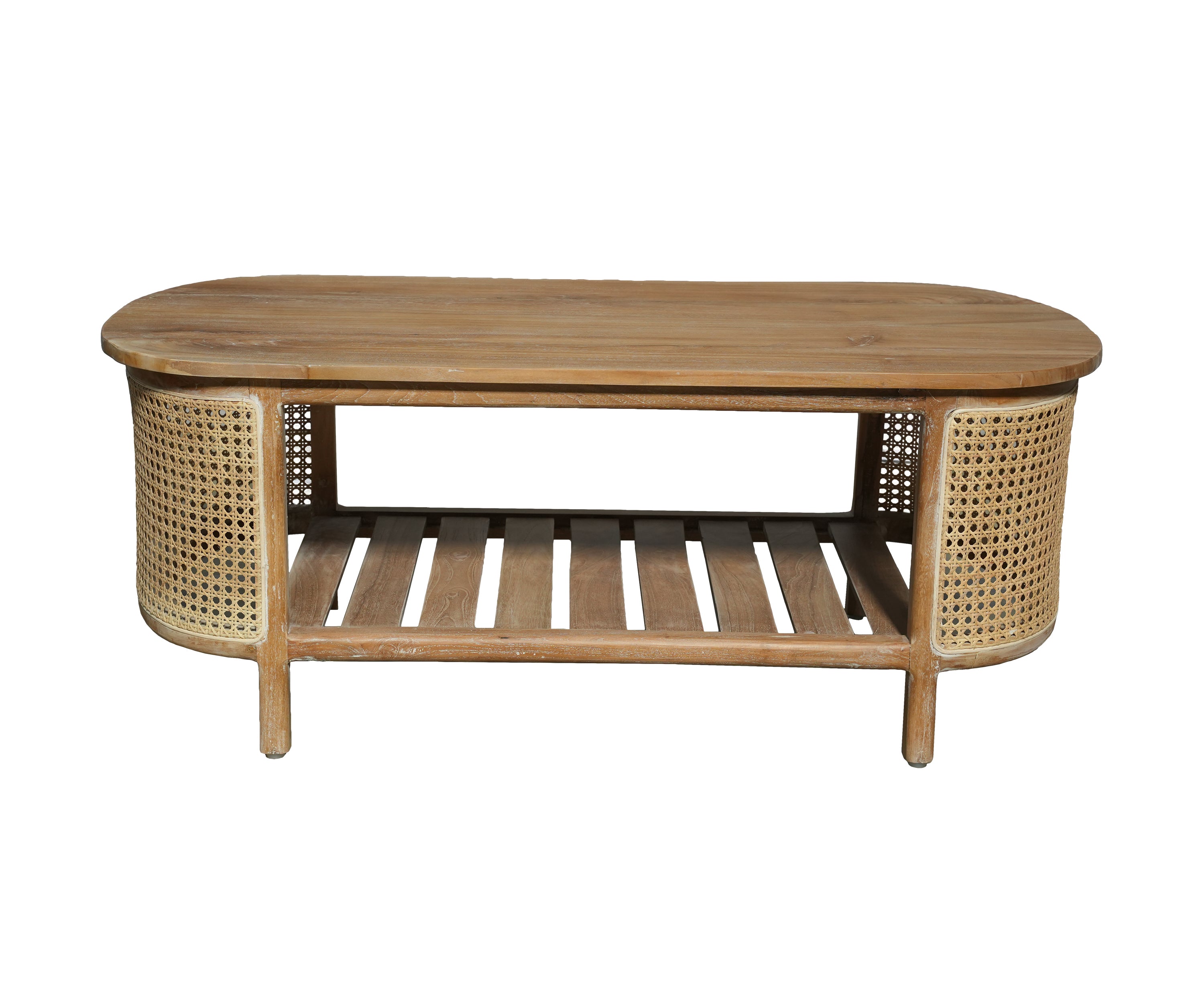 Natural Teak and Cane Oval Coffee Table with Lower Shelf