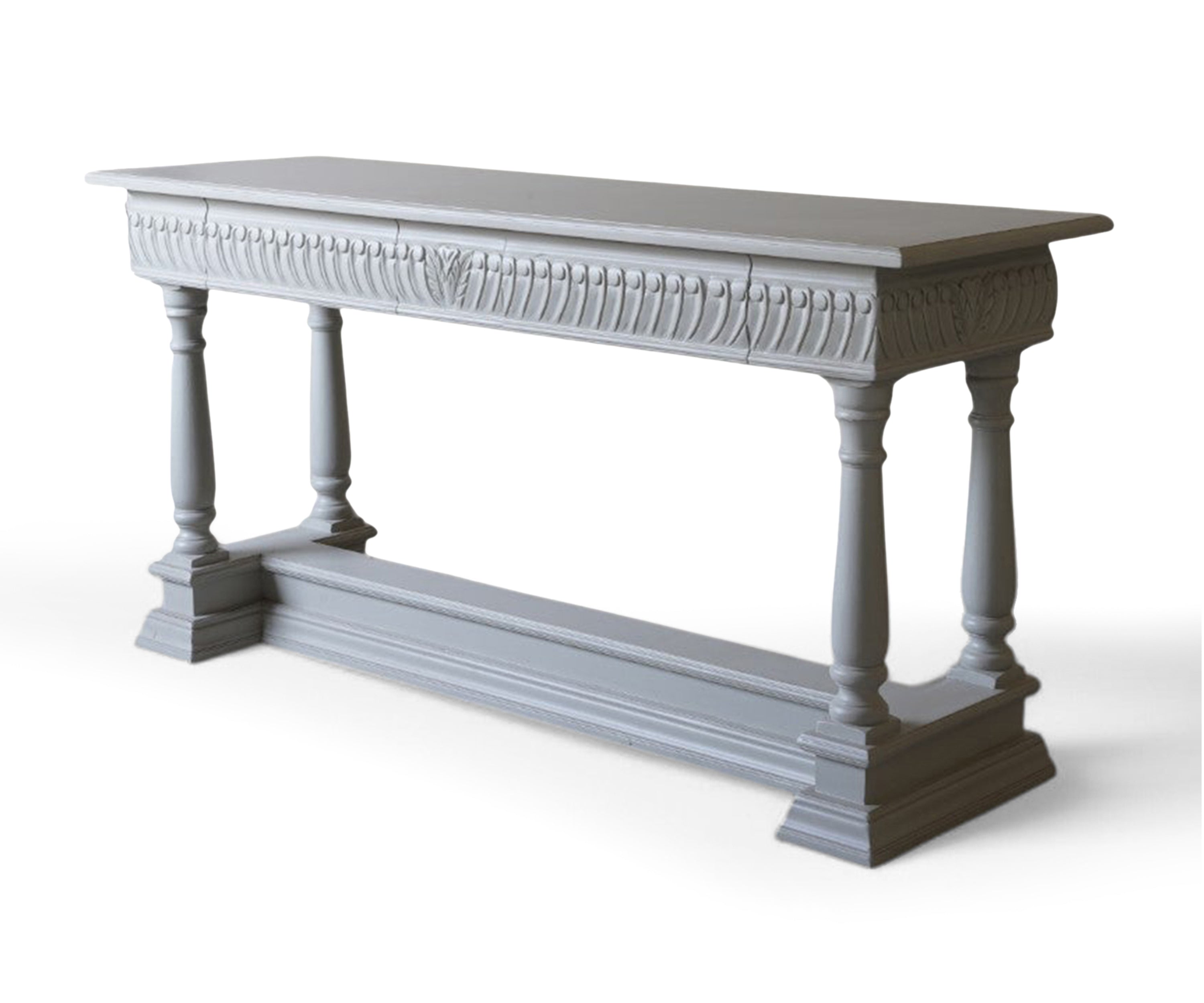 Carved Gustavian Grey Console Table with Drawers