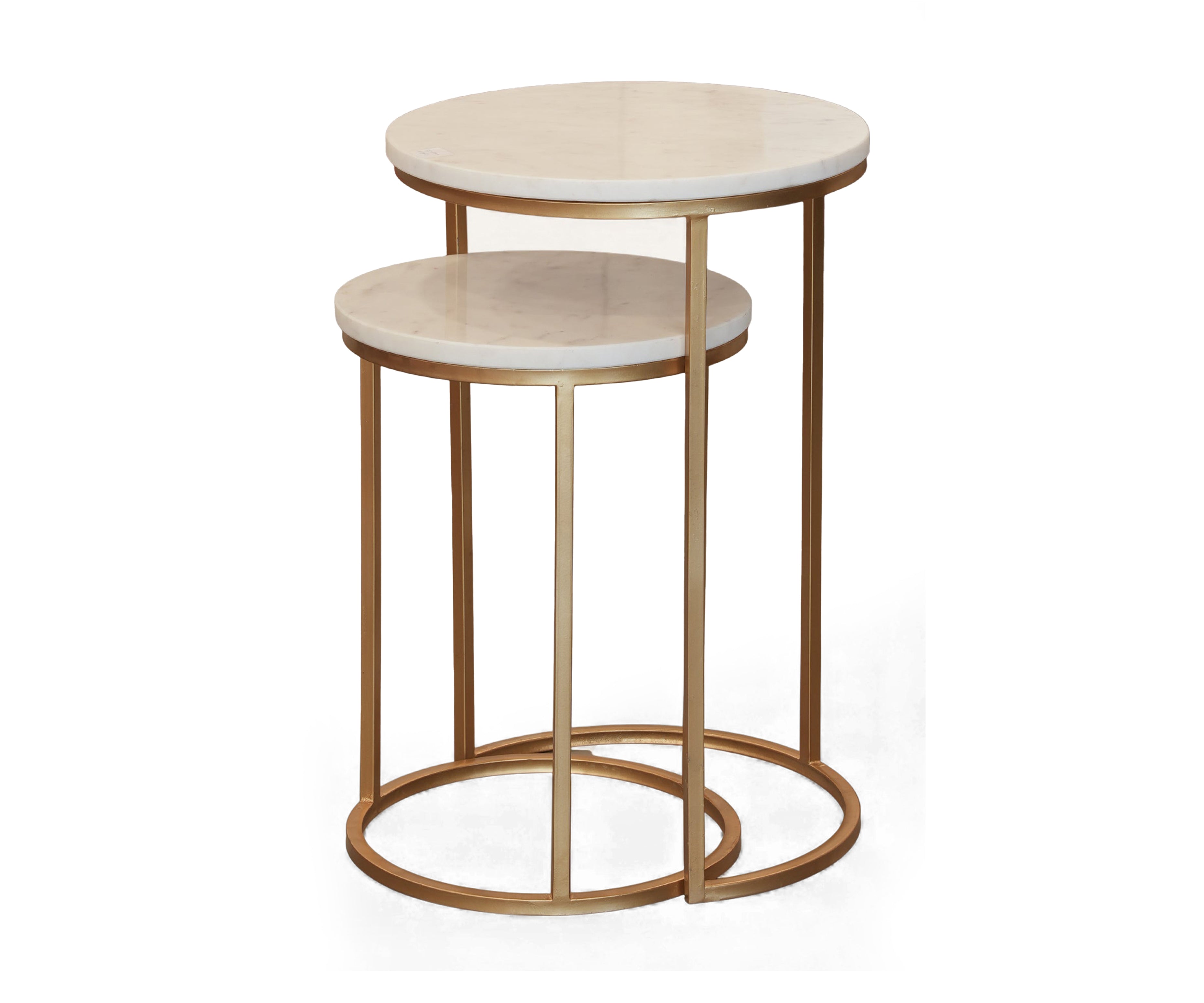 Round Marble Top Nesting Side Tables Set of 2 with Gold Metal Base