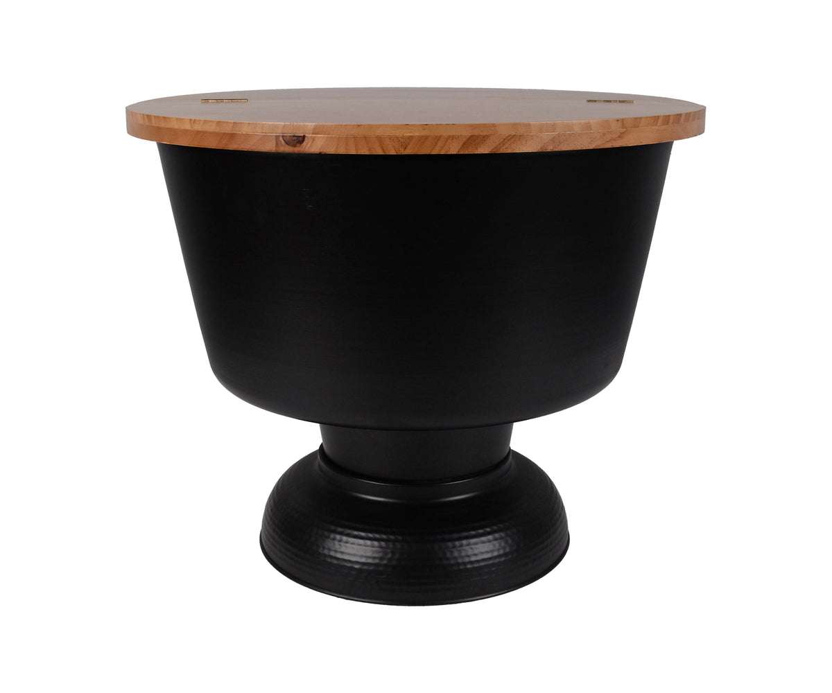 Matte Black Round Drum Side Table with Brown Flip-Top