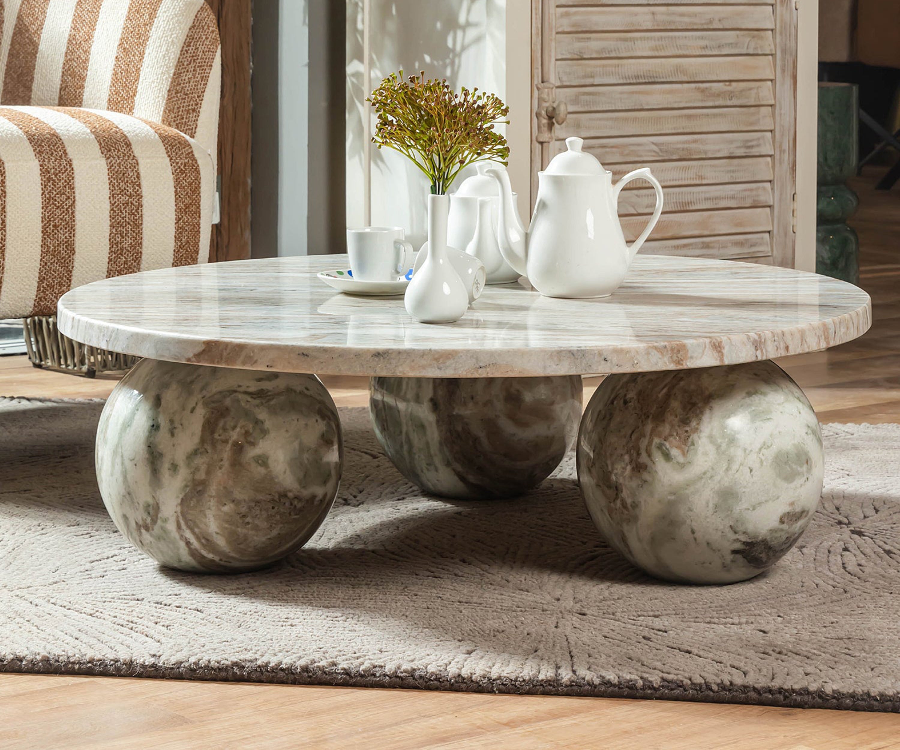 Round Marble Coffee Table with Sculptural Ball Base