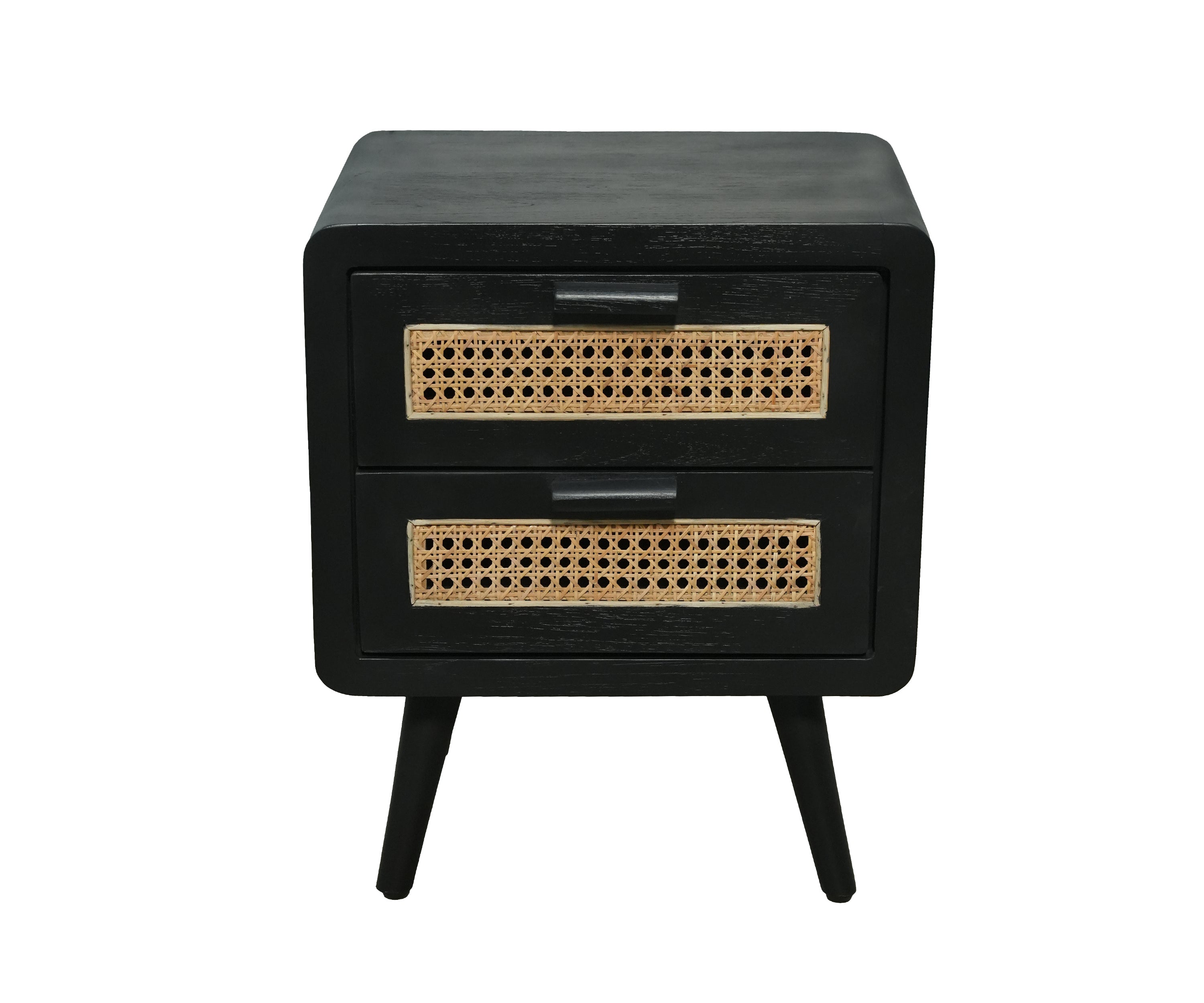 Black 2-Drawer Bedside Table with Rattan Drawer Fronts