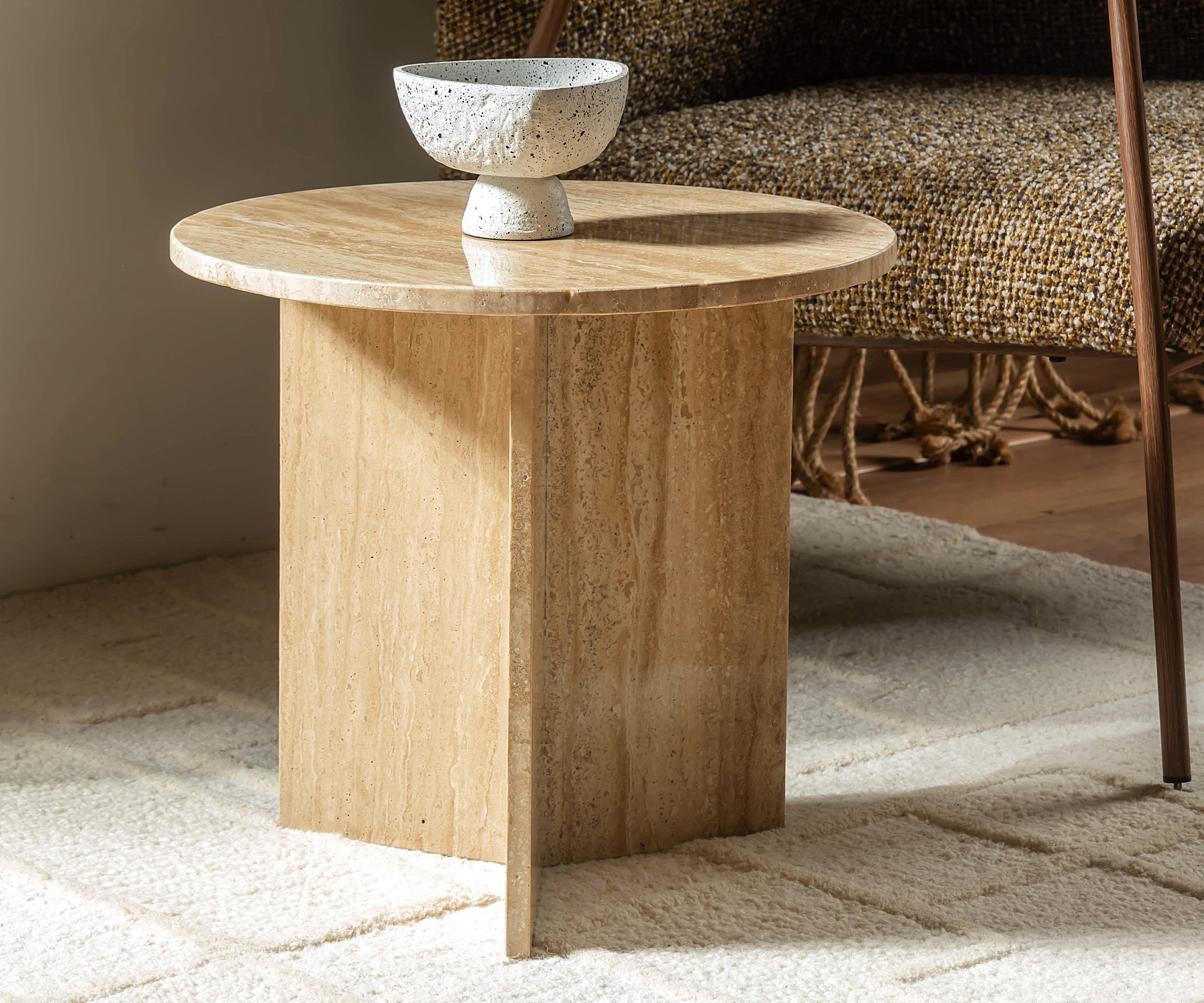 Round Travertine Stone Side Table with Sculptural Pedestal Base