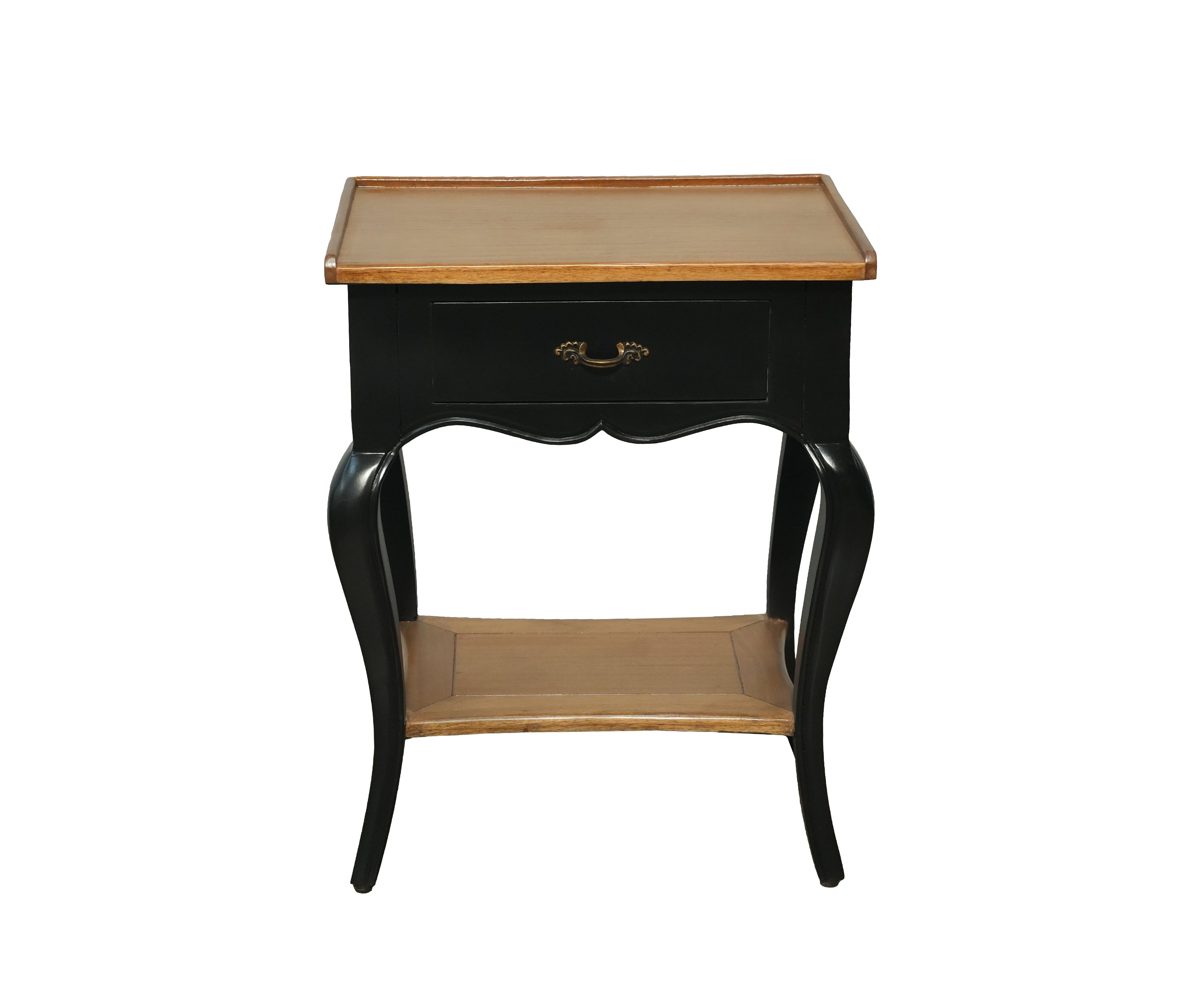 French style Black Side Table with Warm Wood Top and Open Shelf