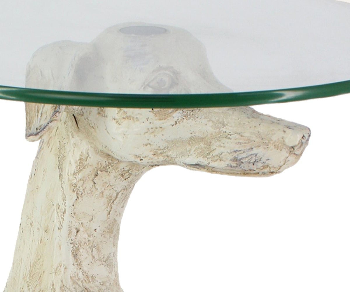Ivory Hound Sculpture Accent Side Table with Glass Top