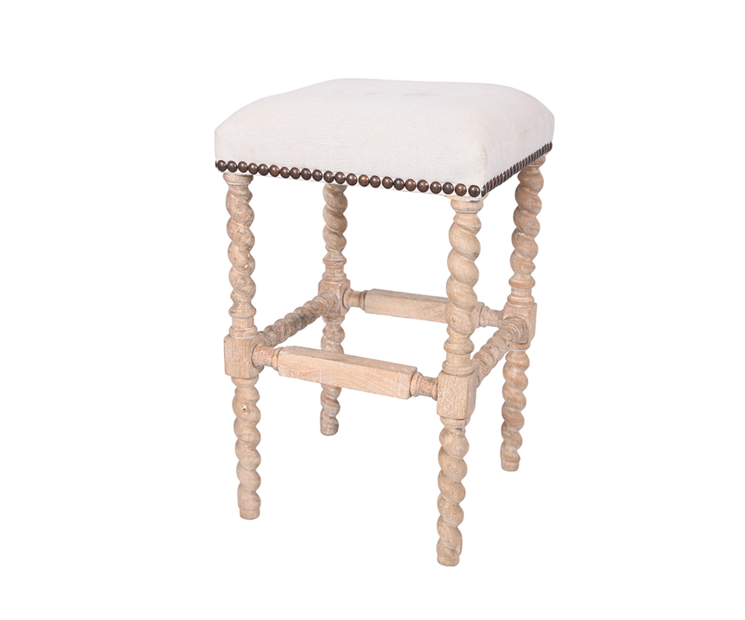Barley Twist Beige Upholstered Stool with Brass Nailhead Trim and Light Wood Finish