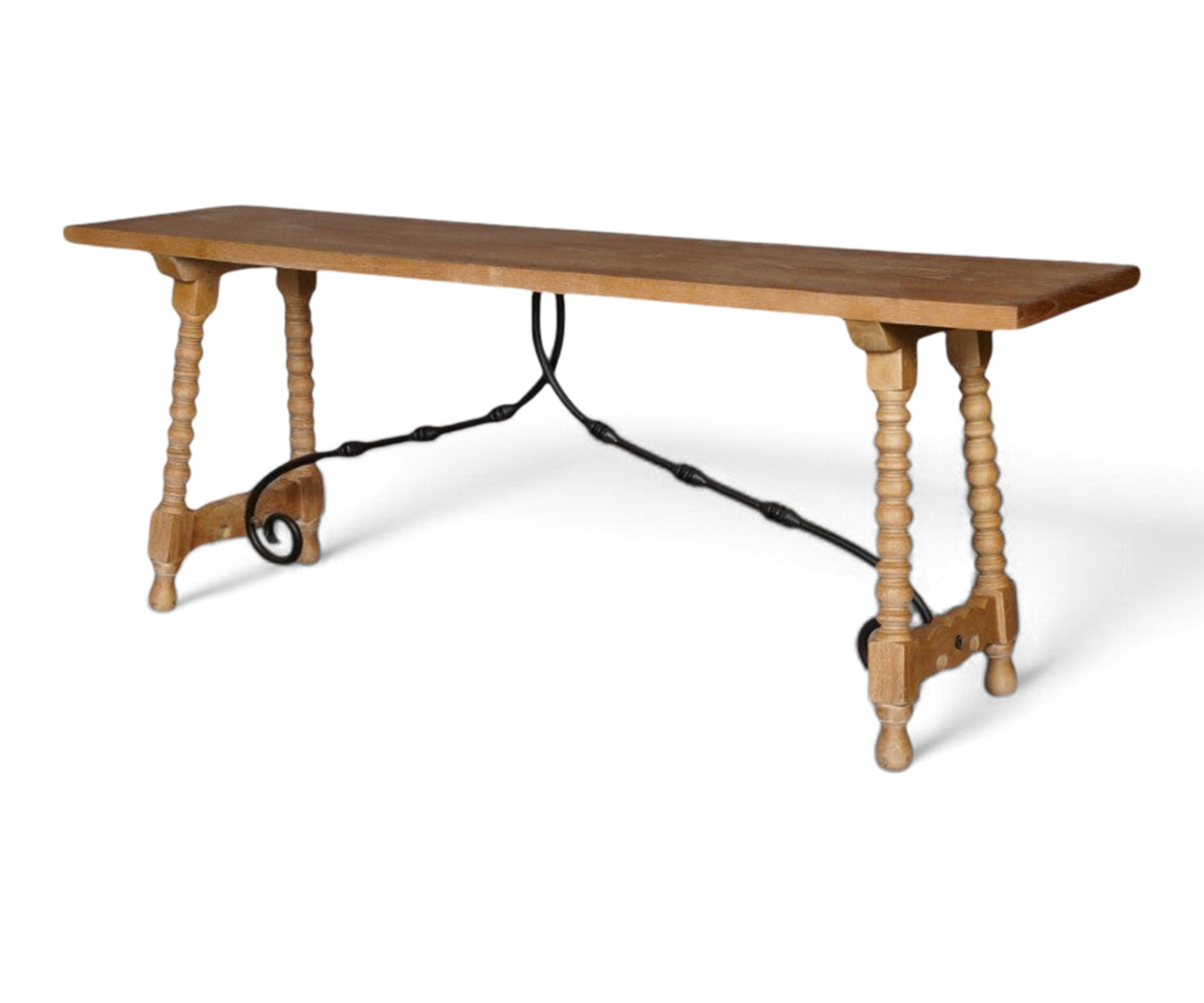Oak Finish Wooden Console Table with Turned Legs and Iron Stretcher