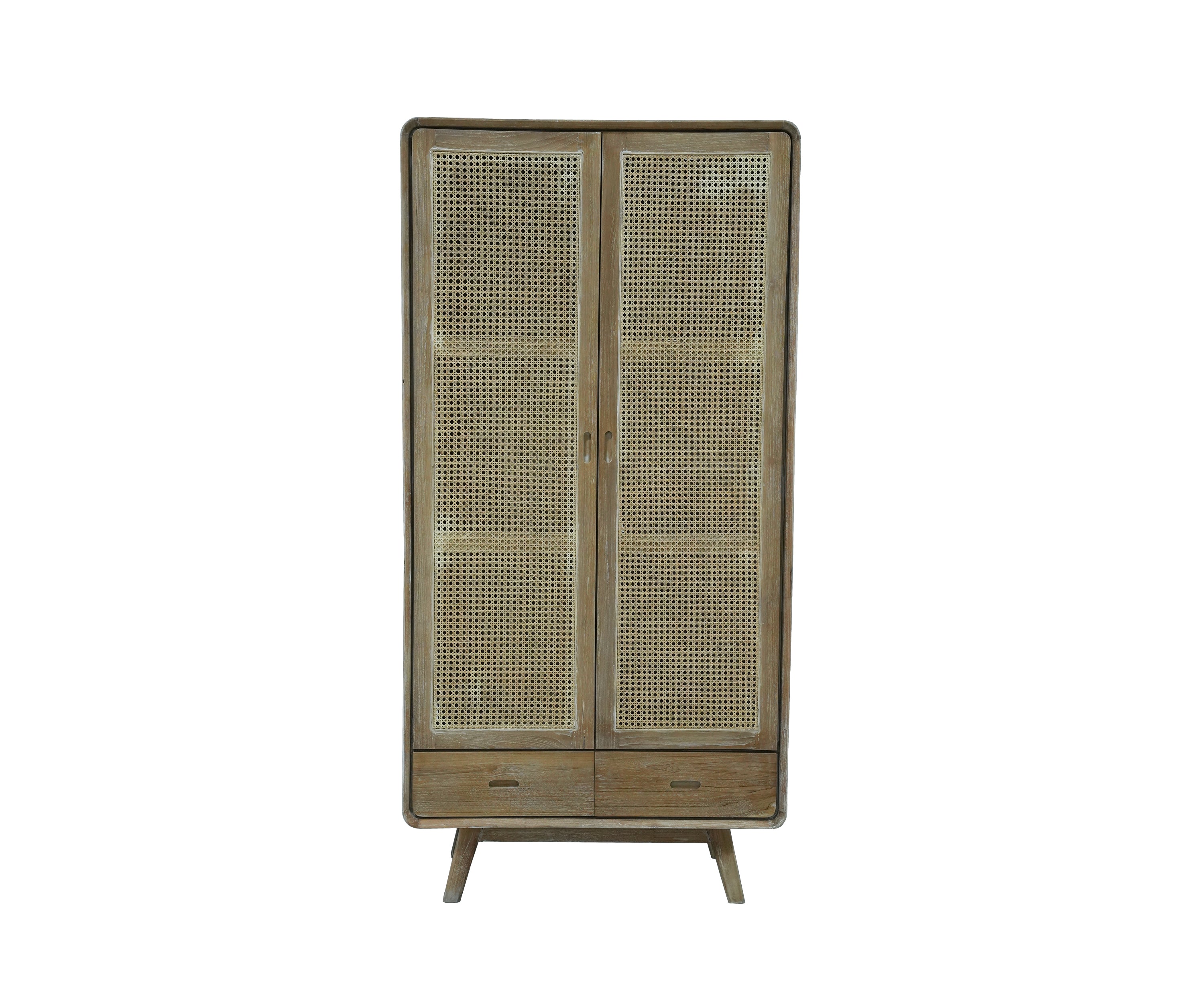 Natural Teak and Cane Double Door Wardrobe with Drawers