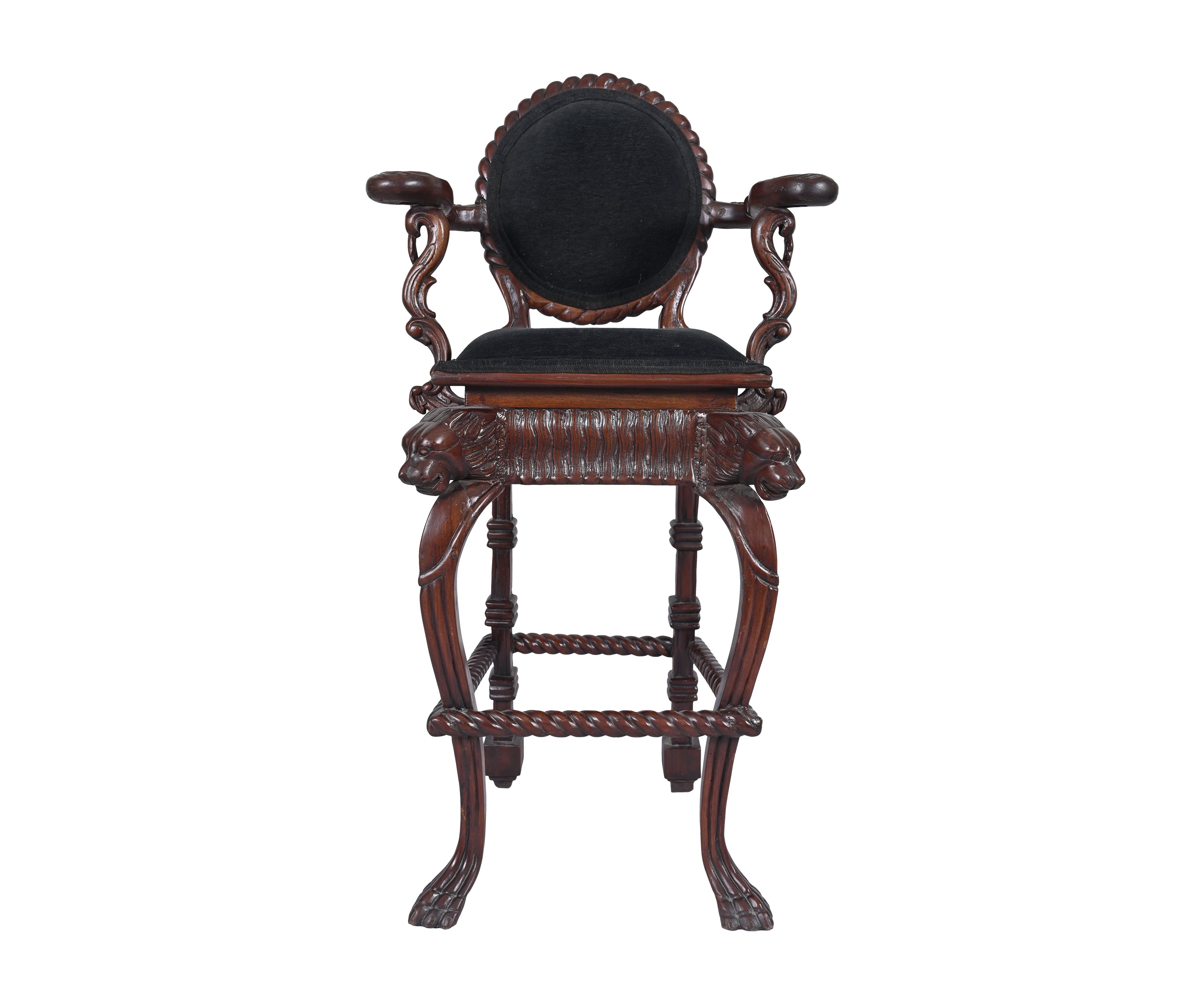 Antique Style Carved Wooden Bar Chair with Black Upholstered Seat