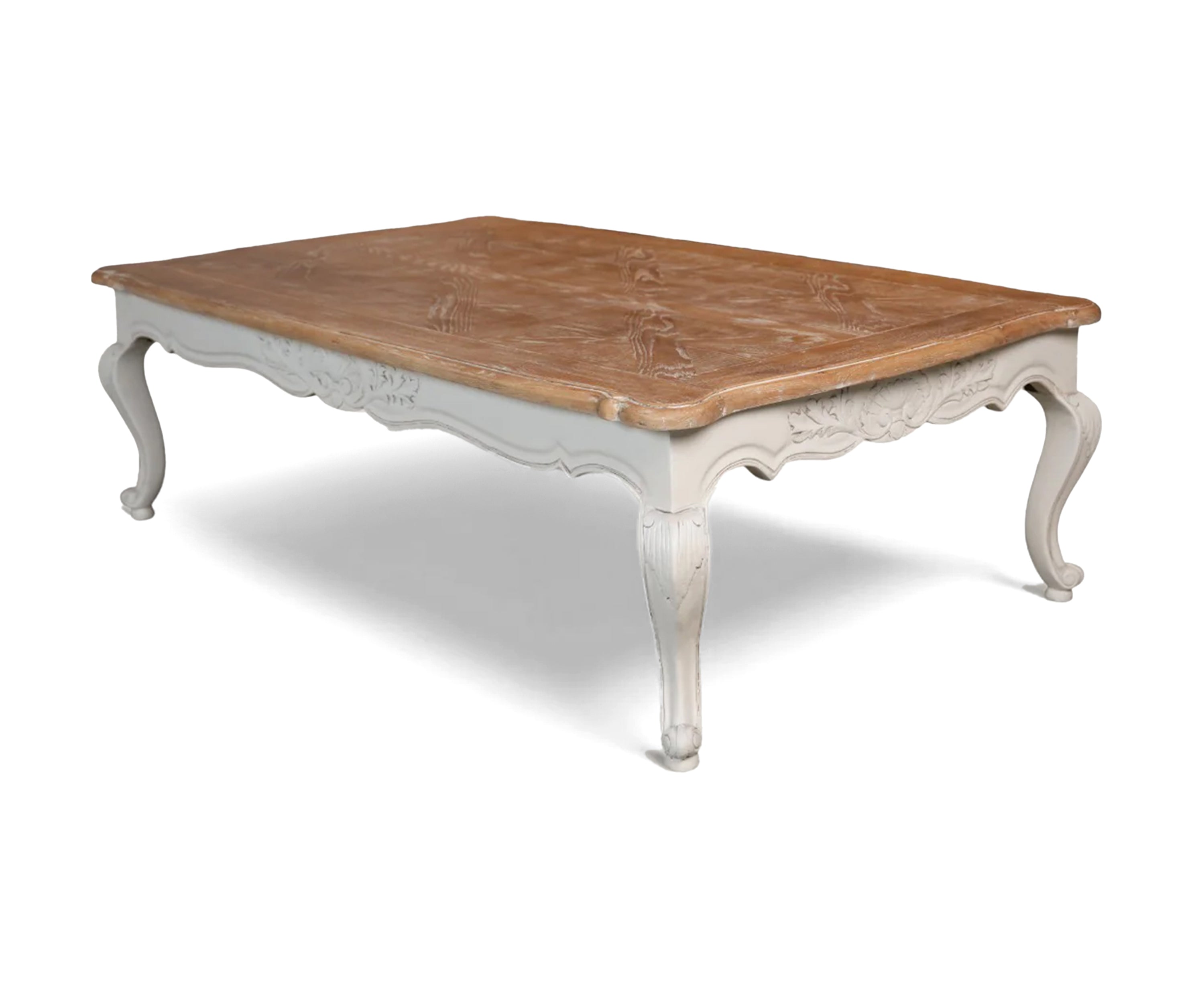 French Carved Acacia Wood Coffee Table – White Base