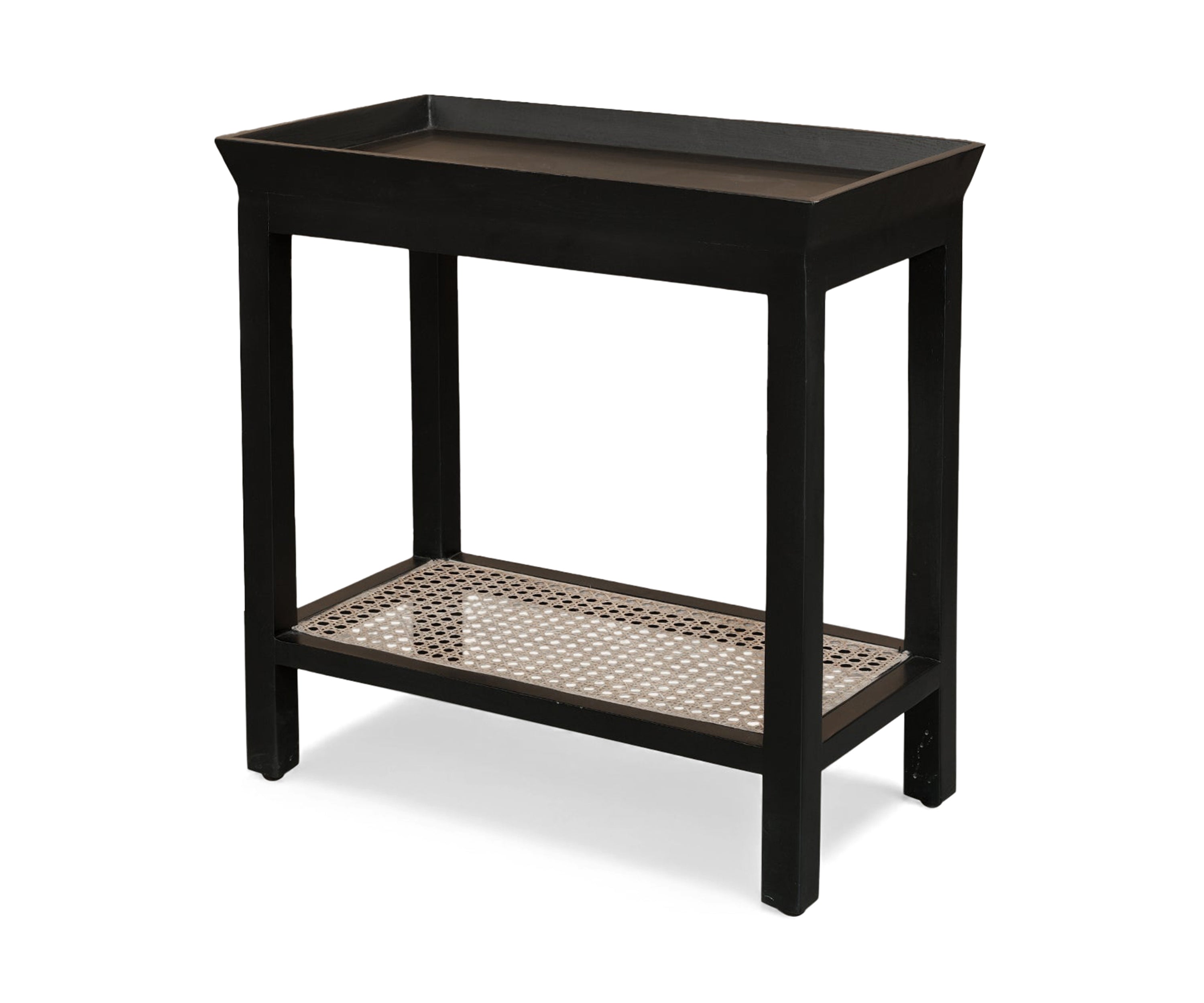 Black Wooden Console Table with Cane Shelf
