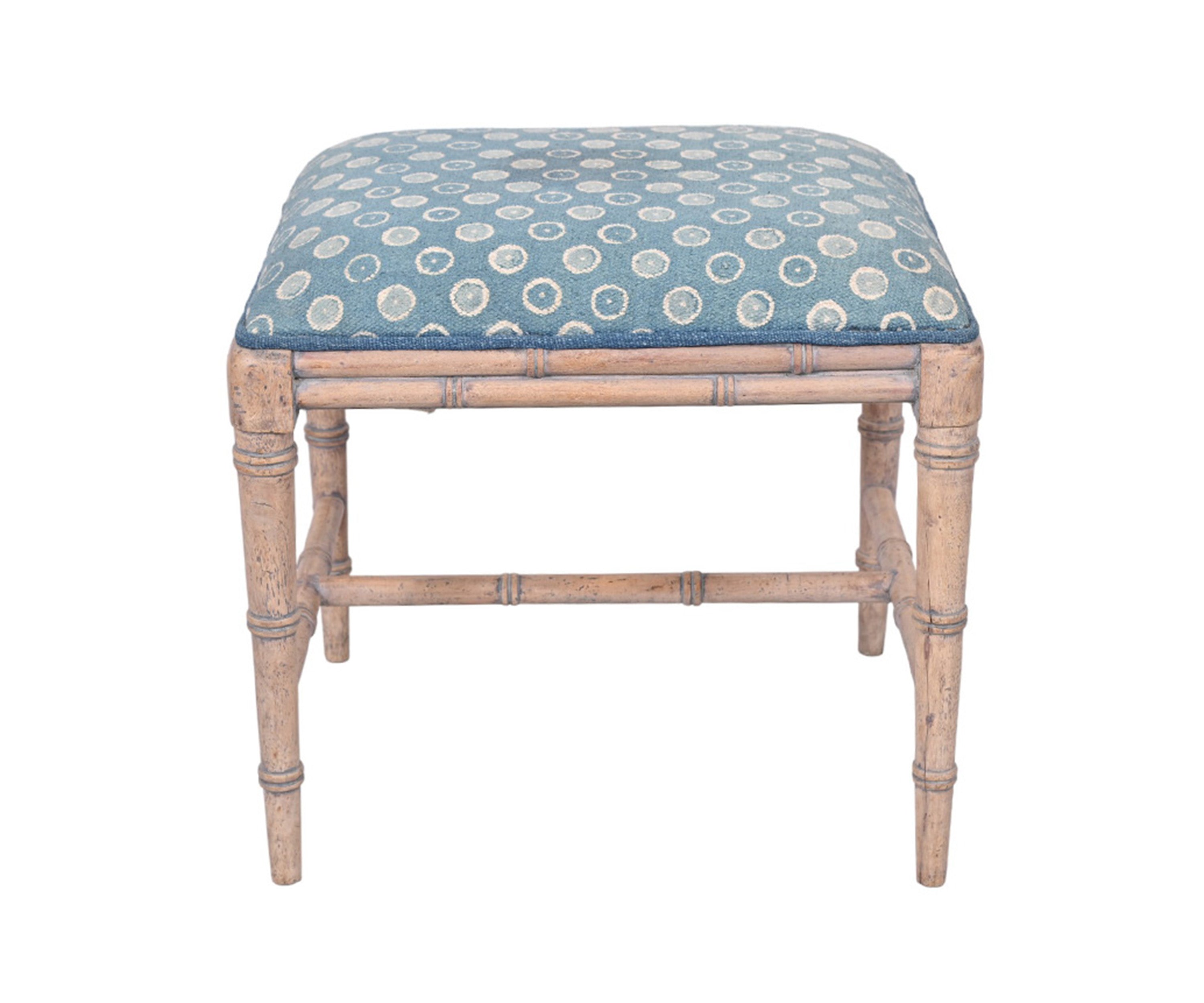 Blue and White Patterned Upholstered Stool with Bamboo-Style Legs