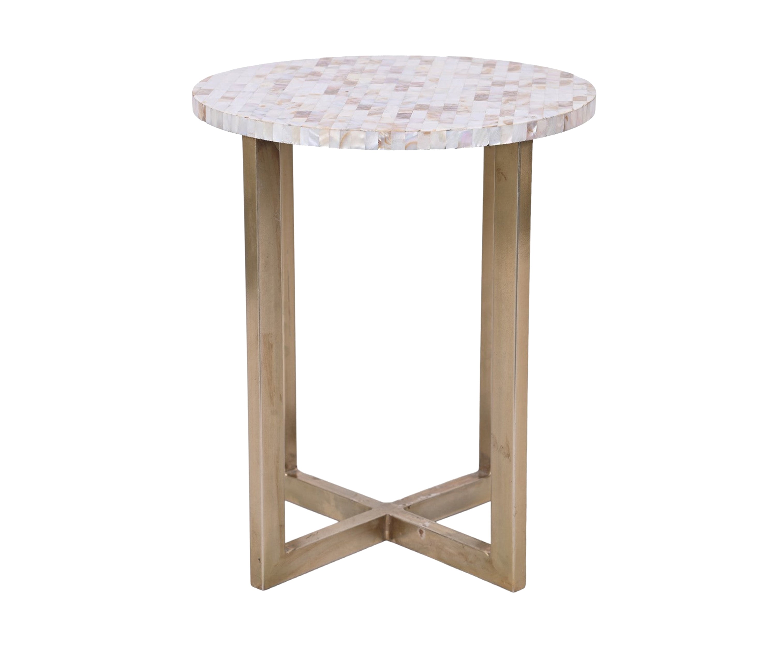 Round Mother of Pearl Inlay Side Table with Brass Finish Metal Base