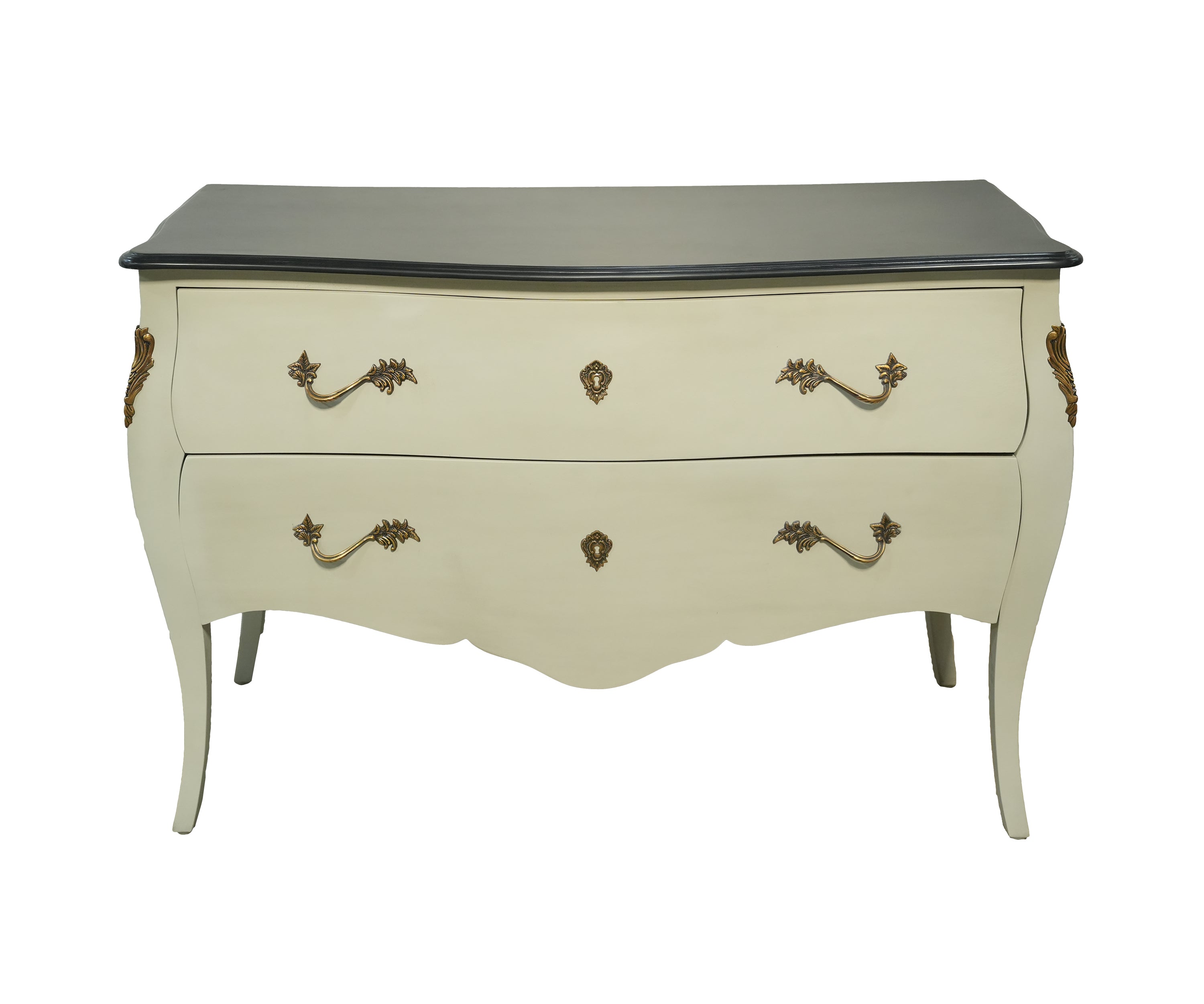 French Style Cream Bombe Chest of Drawers with Black Top
